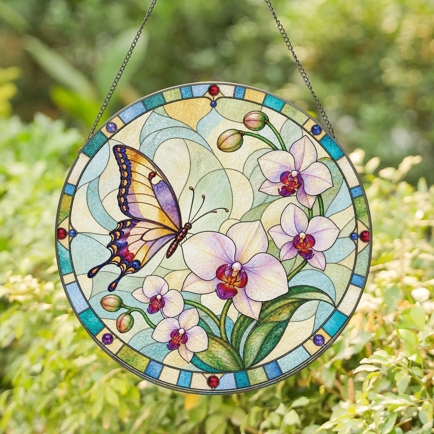 Orchid Butterfly Floral Window Accent for Garden Gifts and Nature Loving Home Decor Stained Glass Suncatcher - 1