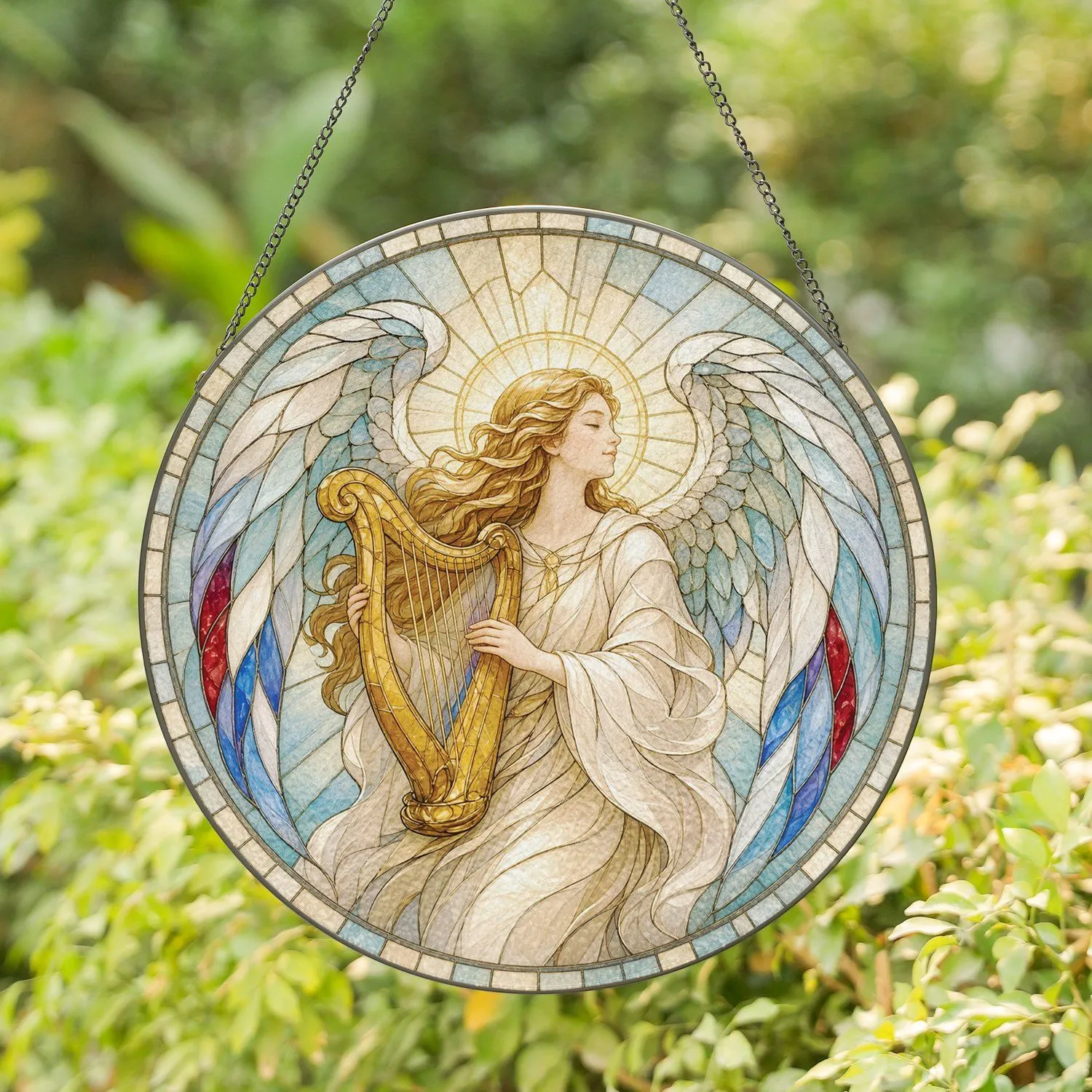 Divine Angel Harp Player Christian Wall Art for Worship and Meditation Areas Stained Glass Suncatcher - 1