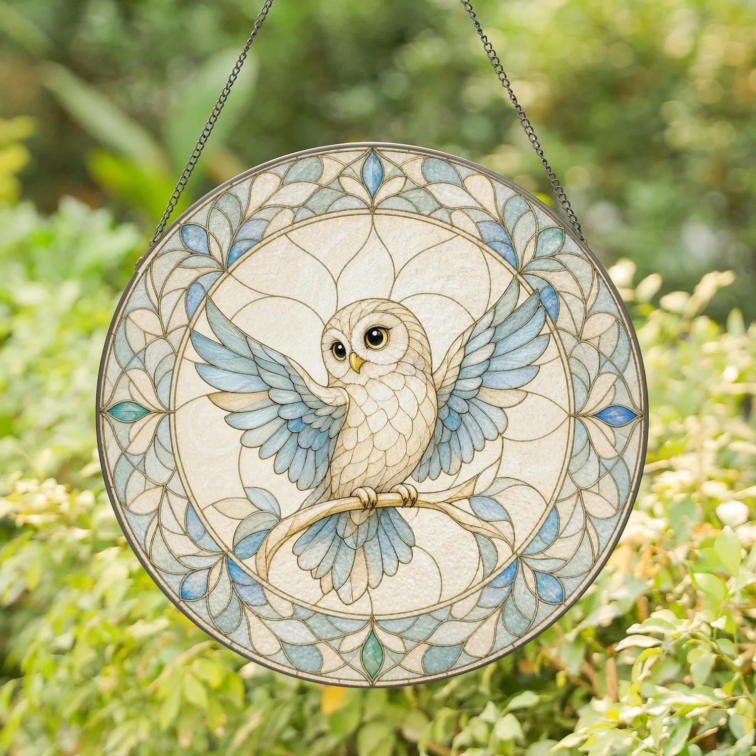 Colorful Owl Circular Design with Radial Motifs in Stained Glass for Boho Nature Home Decor Stained Glass Suncatcher - 1