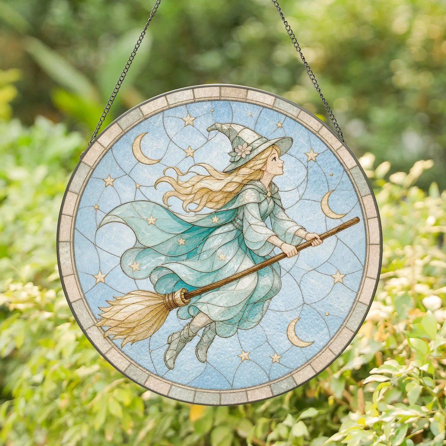 Enchanting Witch on Broomstick Soaring for Magical Halloween Seasonal Decor Stained Glass Suncatcher - 1
