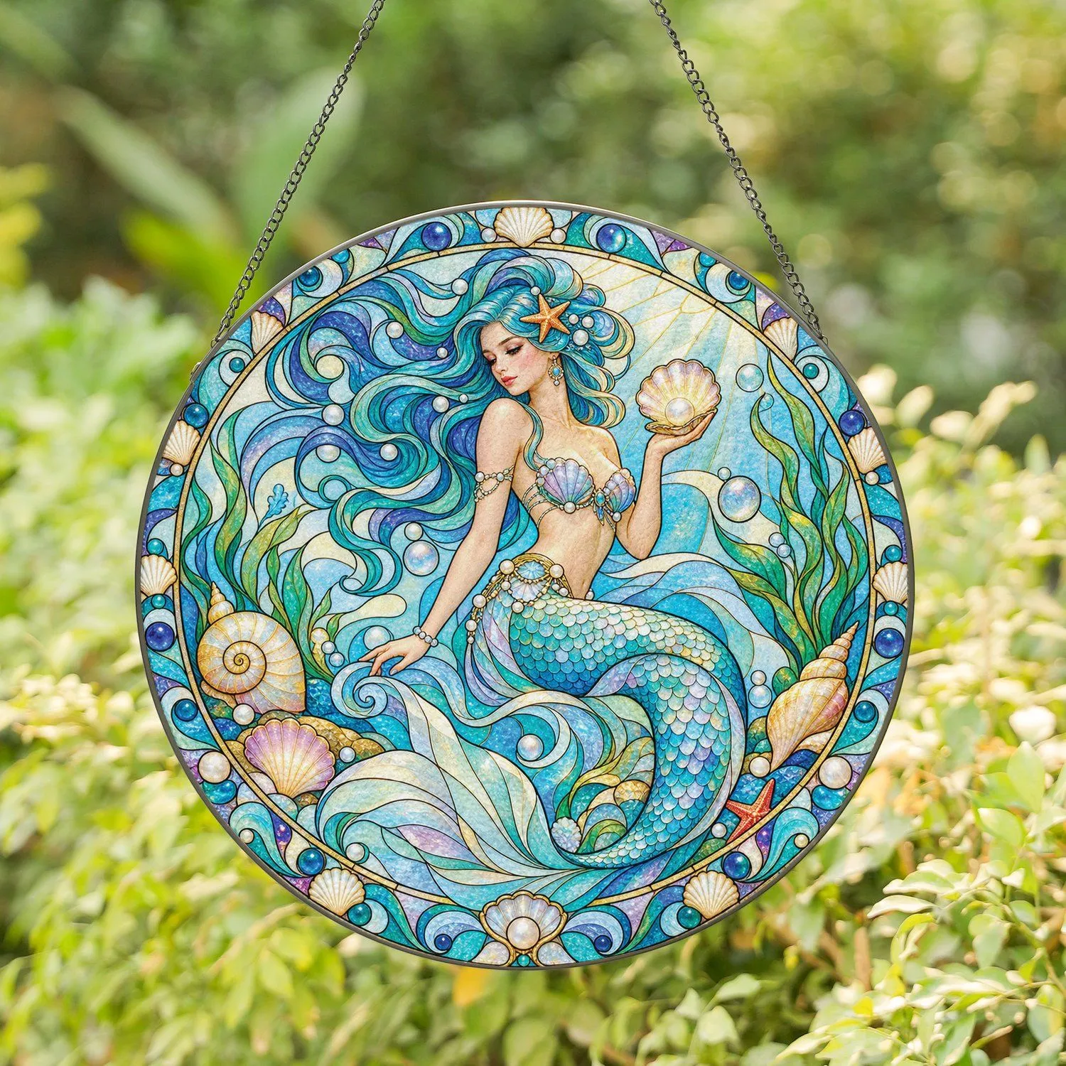 Mermaid Ocean Portrait for Coastal Home Decor, Beach House Styling, and Sea Lovers Stained Glass Suncatcher - 1