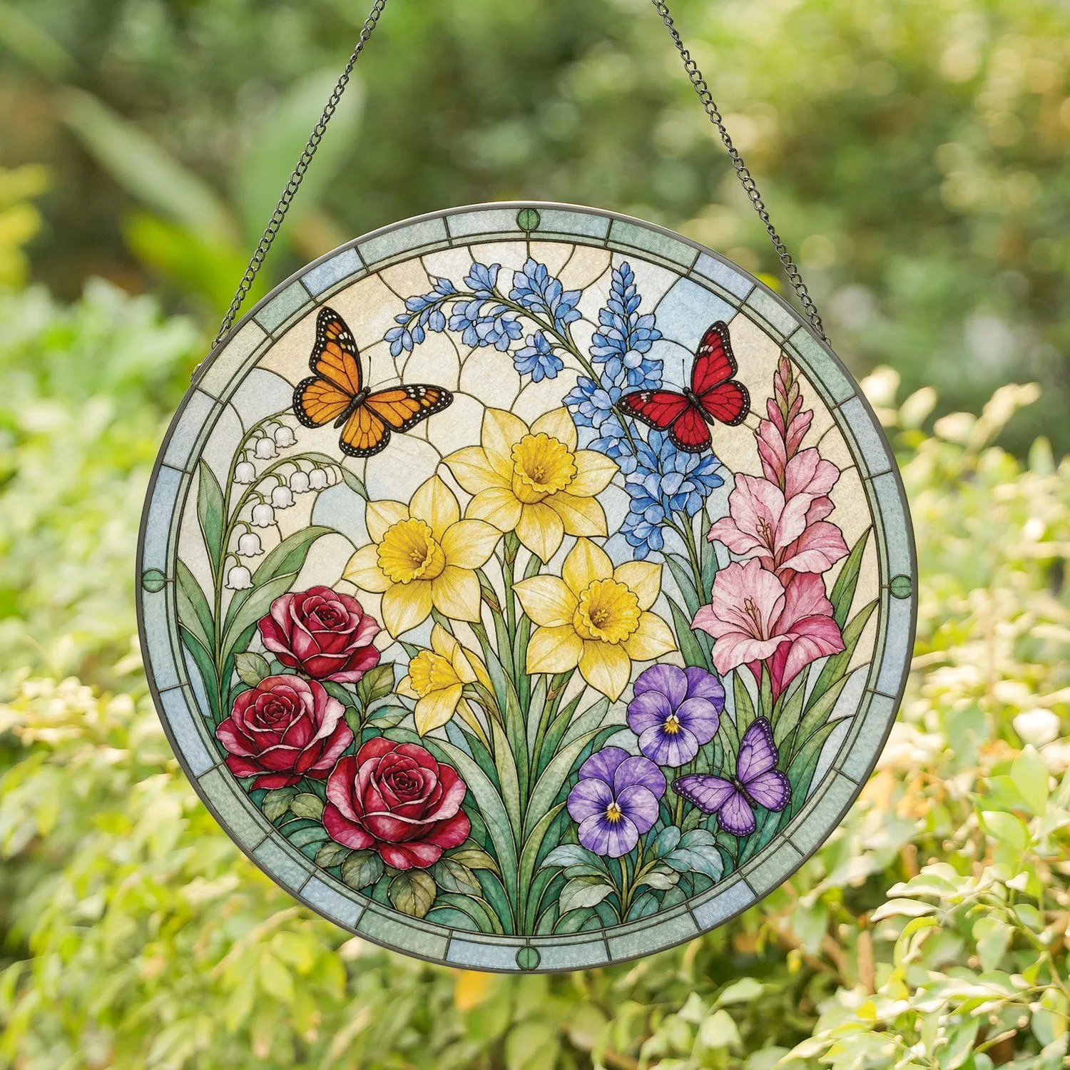 Vibrant Birth Flower Garden Circle with Butterflies Ideal for Grandma Mother's Day Gift Stained Glass Suncatcher - 1