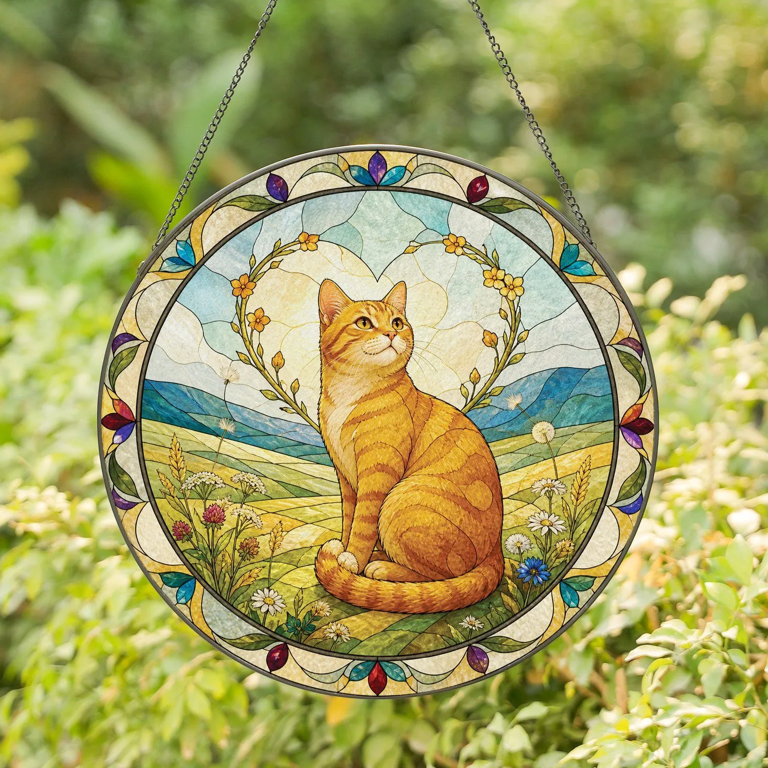 Orange Cat Meadow Memorial Gift for Cat Moms, Nature Lovers, and Loving Families at Home Stained Glass Suncatcher - 1