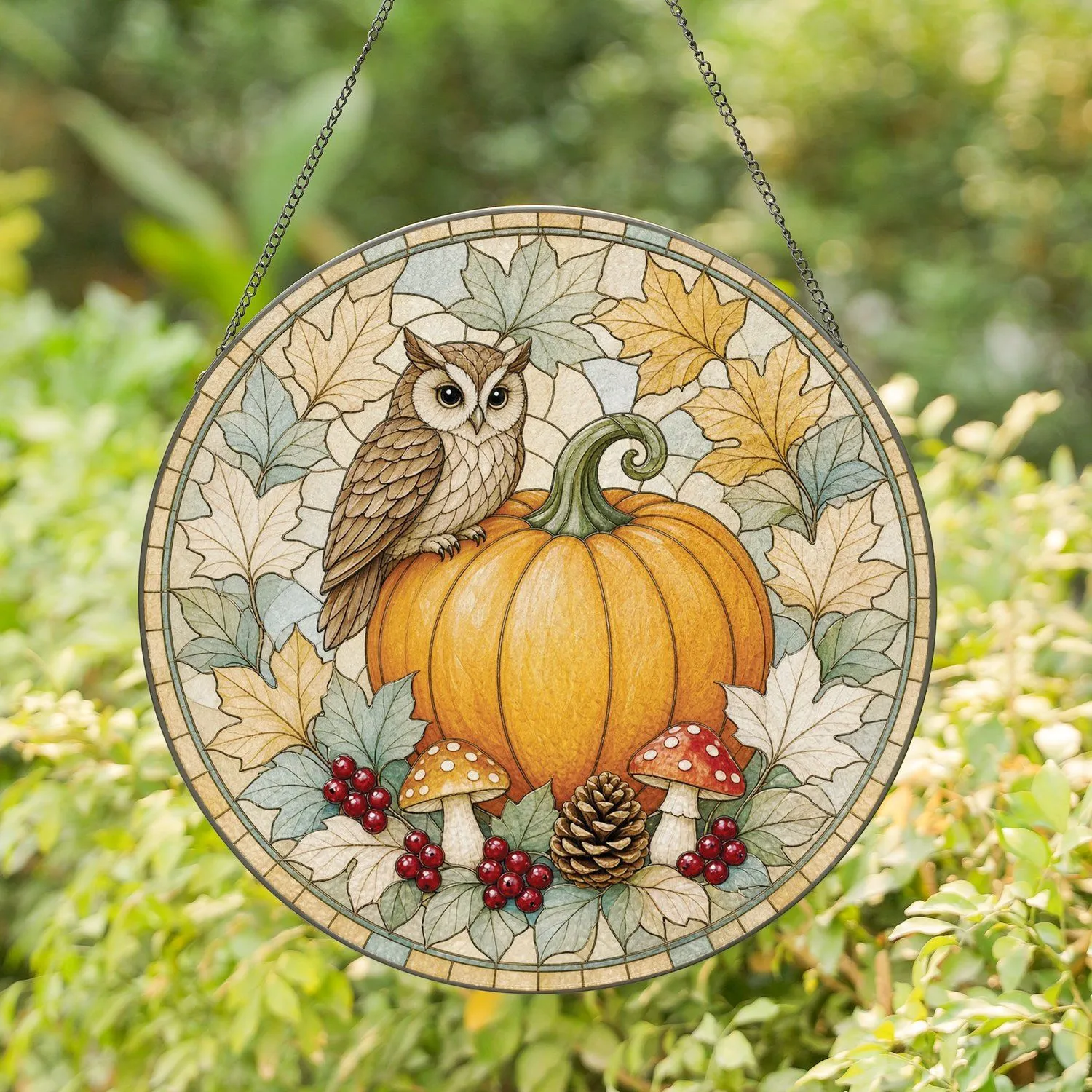 Autumn Owl Pumpkin Harvest Scene for Cozy Rustic Home Decor Stained Glass Suncatcher - 1