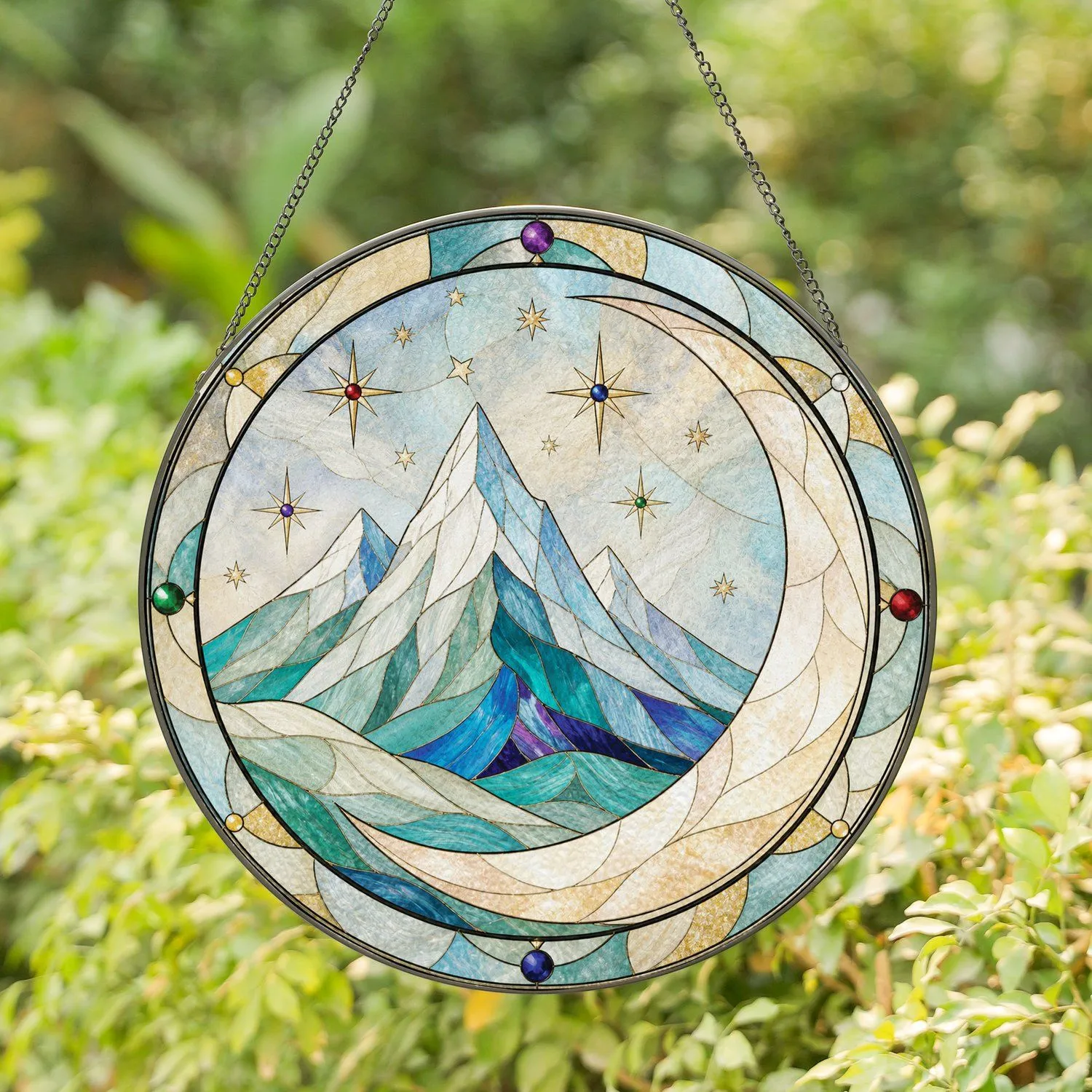 Moonlit Mountain Crescent Scene for Fantasy Reader Nooks and Book Lover Gift Giving Stained Glass Suncatcher - 1