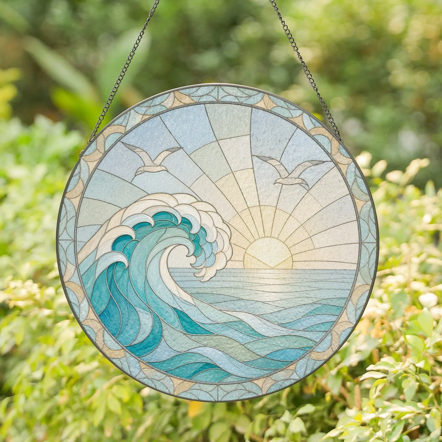 Golden Sunrise Over Rolling Ocean Waves Enhancing Serene Coastal Beach House Decor Stained Glass Suncatcher - 1