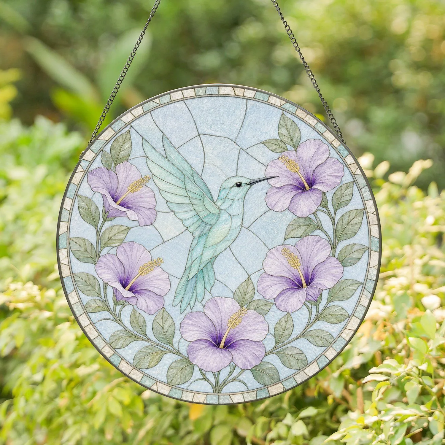 Vibrant Hummingbird Hovering Near Purple Flowers For Peaceful Nature Lover Sanctuaries Stained Glass Suncatcher - 1