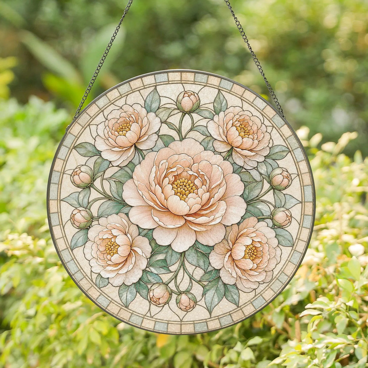 Peony Flower Circle for Mom Gifts and Mothering Sunday Botanical Decor Stained Glass Suncatcher - 1