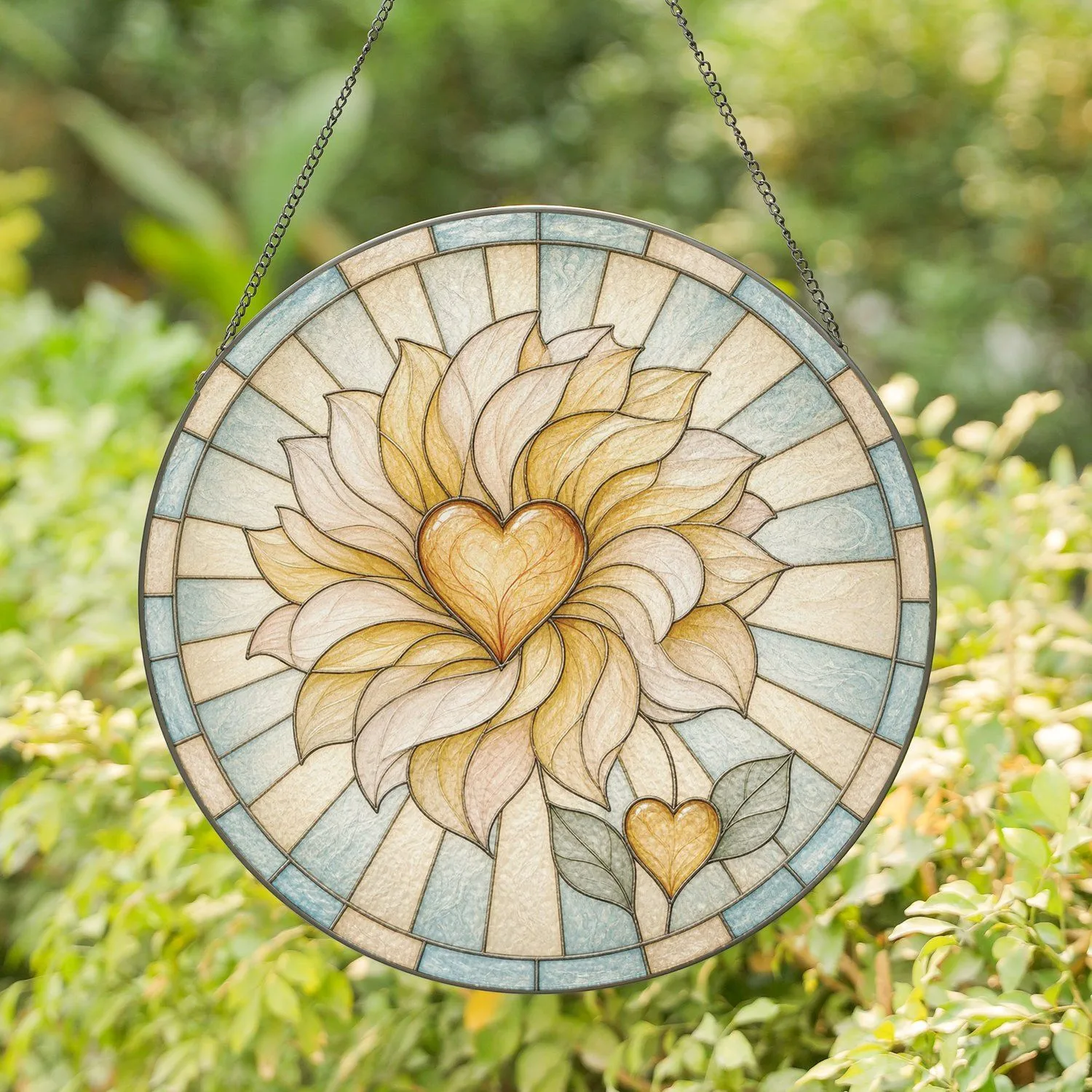 Golden Sunflower Heart Memorial Sunshine Remembrance Comfort Window Hanging Art Stained Glass Suncatcher - 1