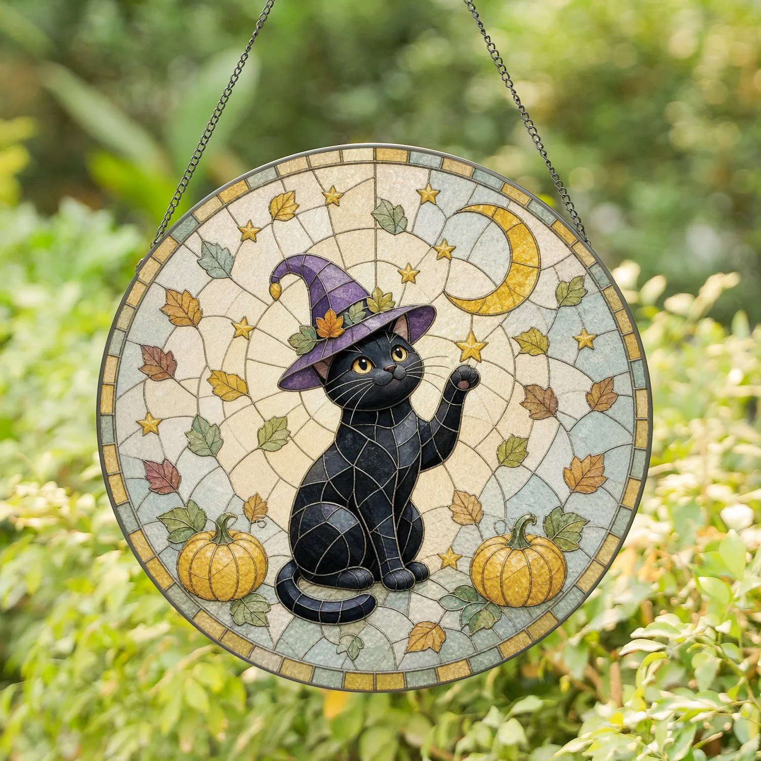 Black Cat Witch Hat Crescent Moon Pumpkins Autumn Fall Decor Stained Glass Suncatcher - 1
