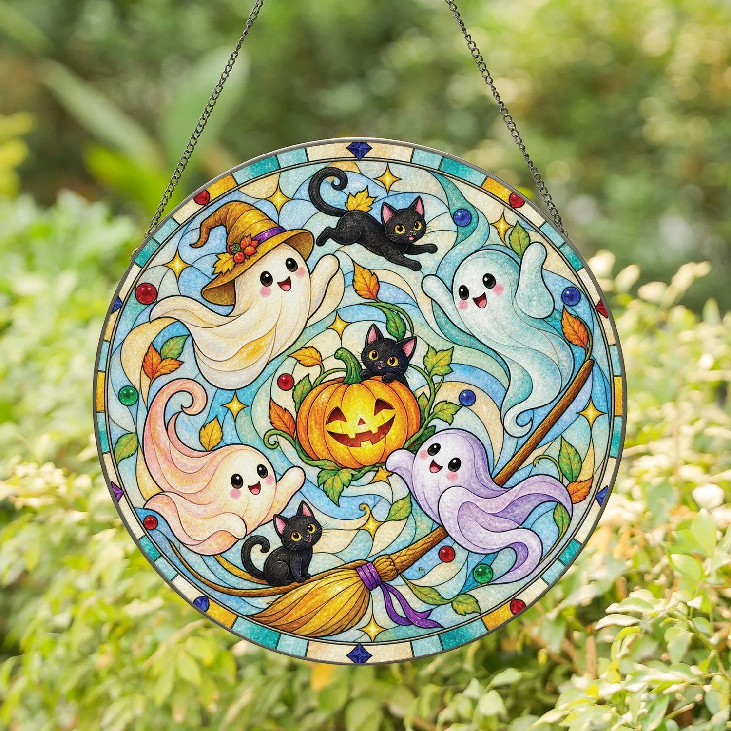 Halloween Ghost Family With Black Cats And Pumpkin For Whimsical Autumn Home Decor Stained Glass Suncatcher - 1