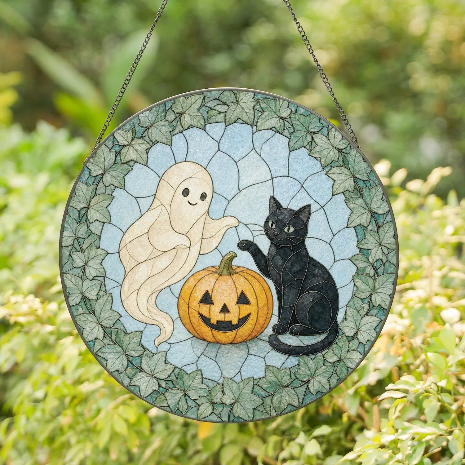 Cute Ghost and Black Cat Pumpkin Halloween Decor for Spooky Season Cat Lovers Stained Glass Suncatcher - 1