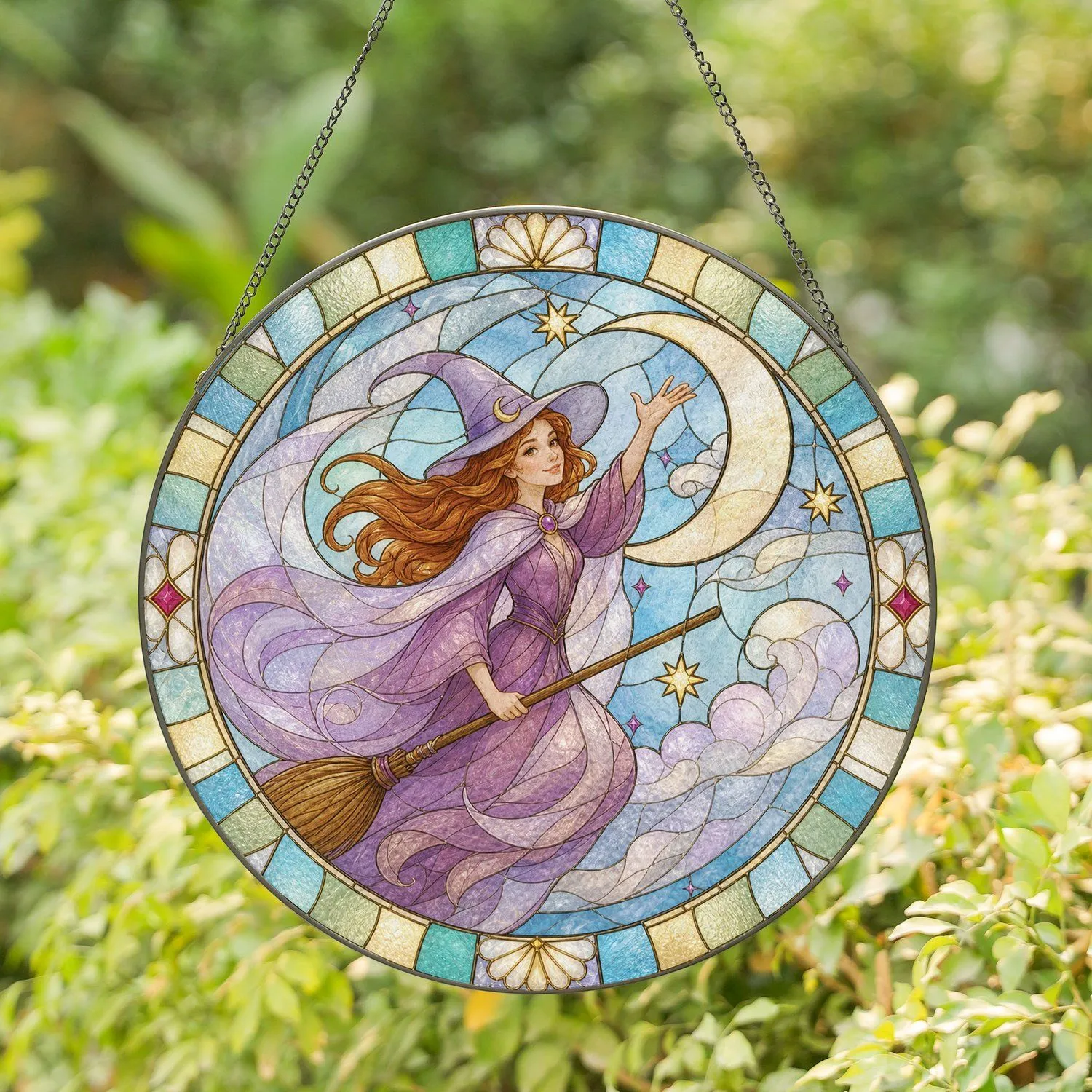 Flying Witch Beneath a Crescent Moon for Halloween Home Decor and Spooky Autumn Gifting Stained Glass Suncatcher - 1