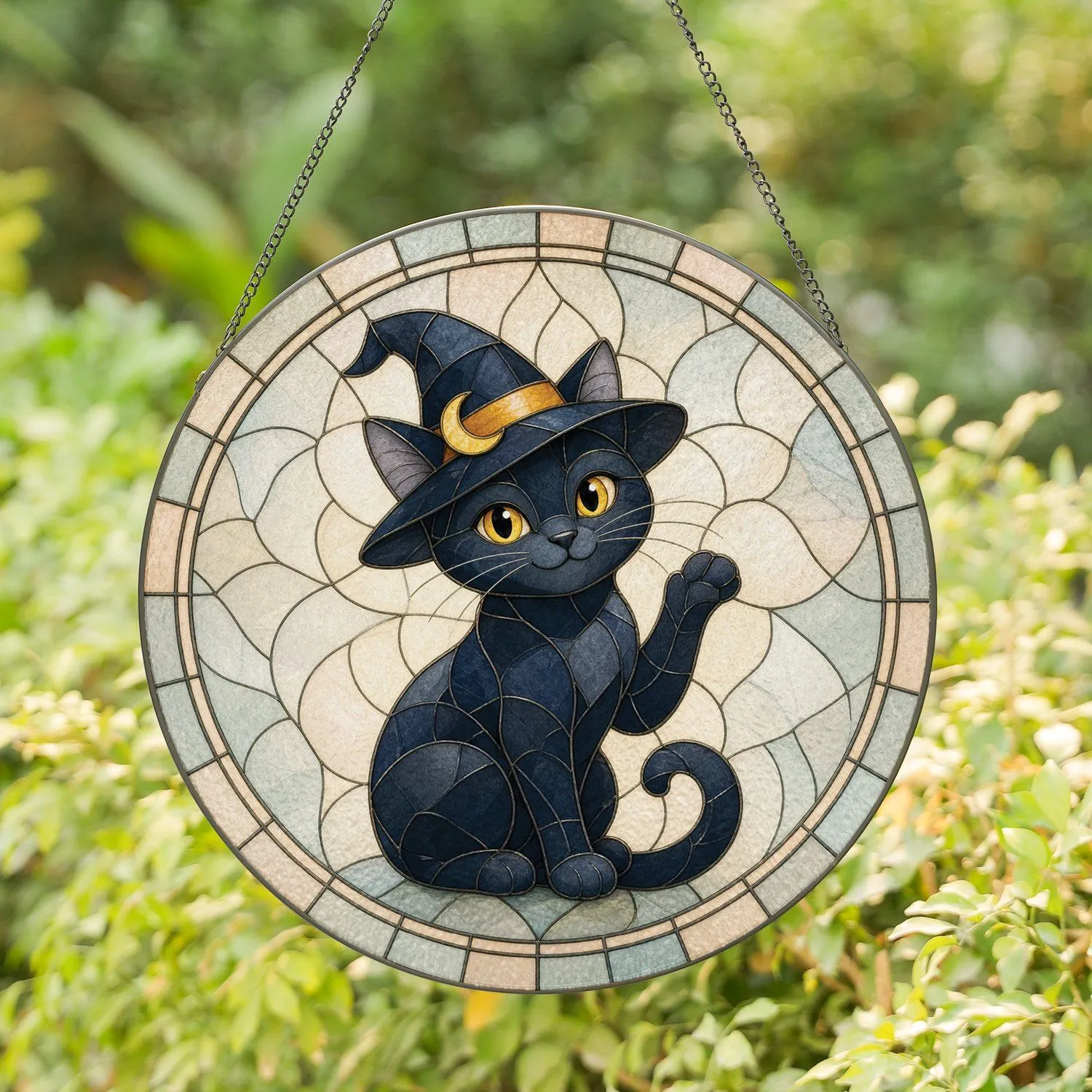 Vintage Inspired Black Cat Wearing Witch Hat for Halloween Cat Lover Home Decor Stained Glass Suncatcher - 1