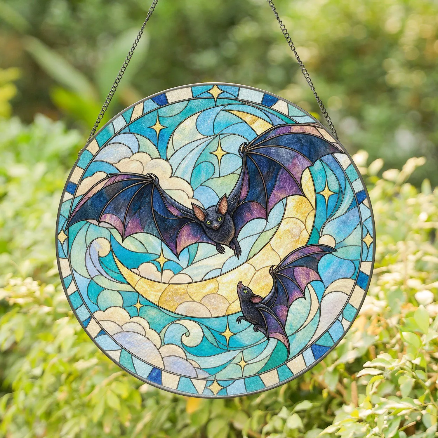 Two Bats Beneath a Crescent Moon for Halloween Window Decor and Gothic Home Style Stained Glass Suncatcher - 1