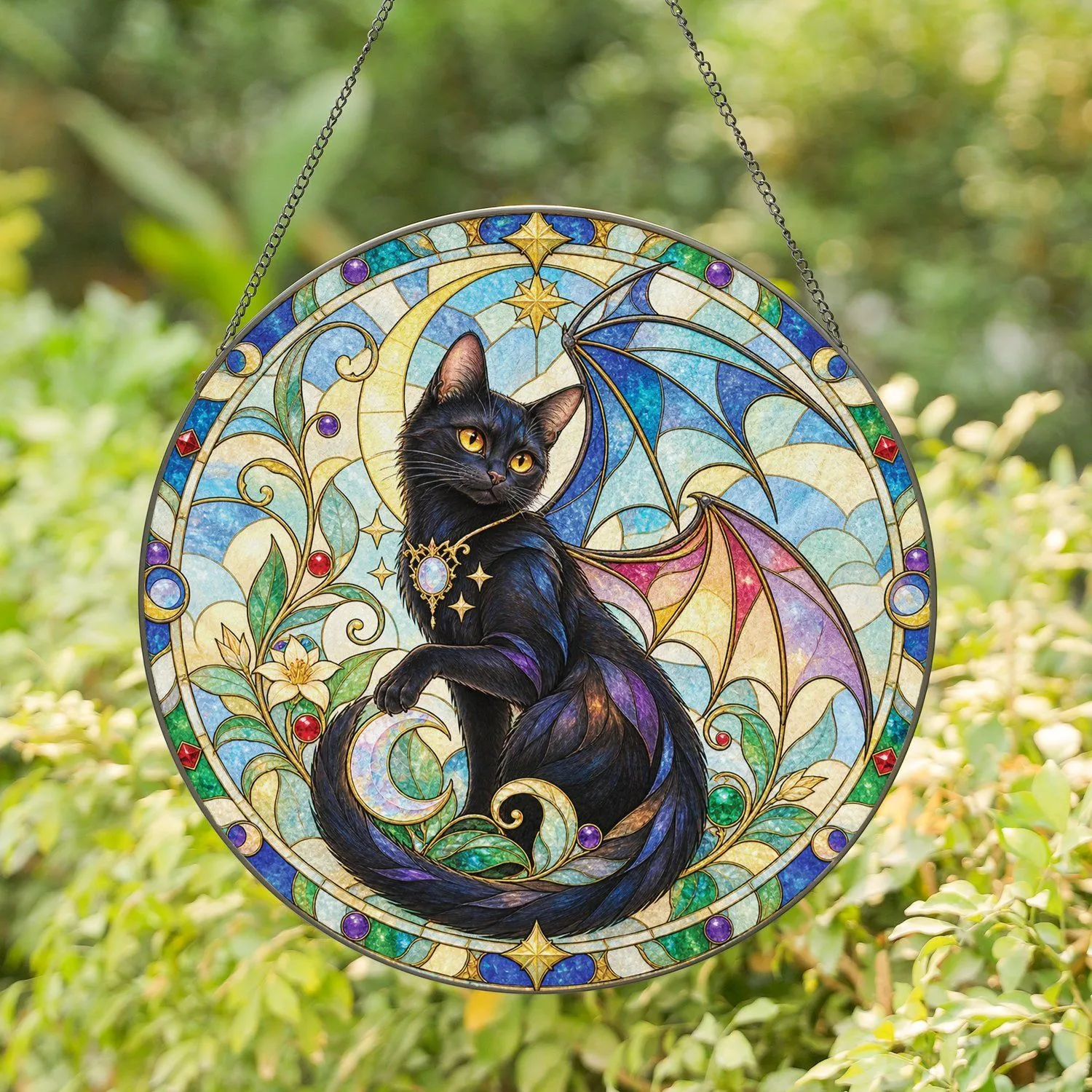Black Cat With Colorful Bat Wings For Halloween Decor And Whimsical Witchy Home Style Stained Glass Suncatcher - 1