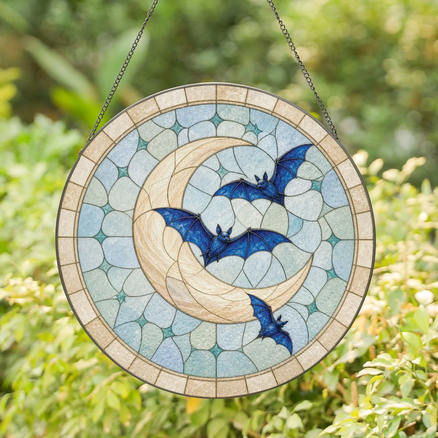 Celestial Bat Moon Scene for Halloween Nights and Bat Lover Homes Stained Glass Suncatcher - 1