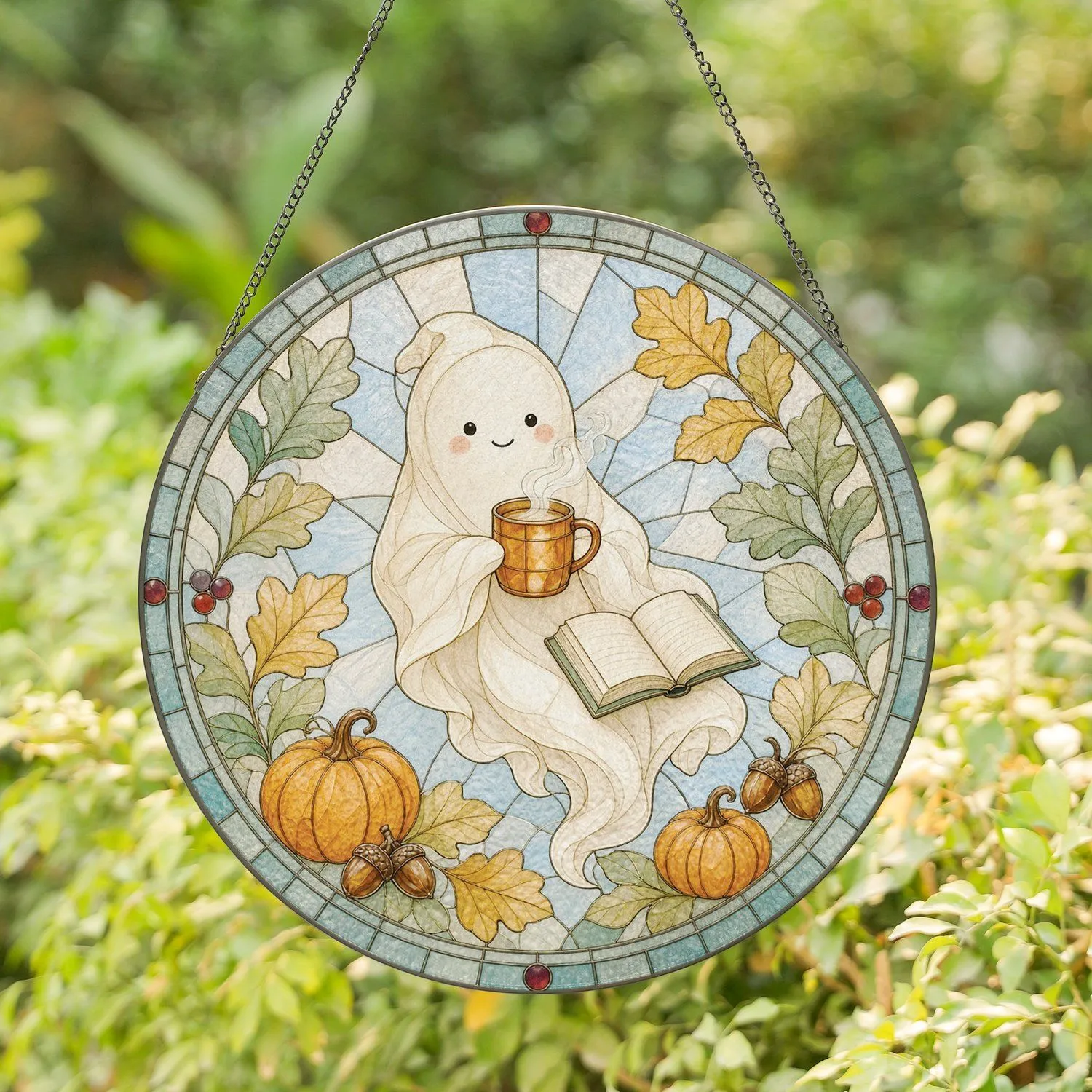 Whimsical Halloween Ghost Enjoying Coffee and Books with Fall Pumpkins and Leaves Stained Glass Suncatcher - 1