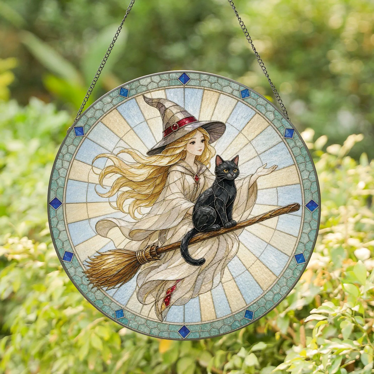 Whimsical Witch and Black Cat on Flying Broomstick for Halloween Fall Decor Stained Glass Suncatcher - 1