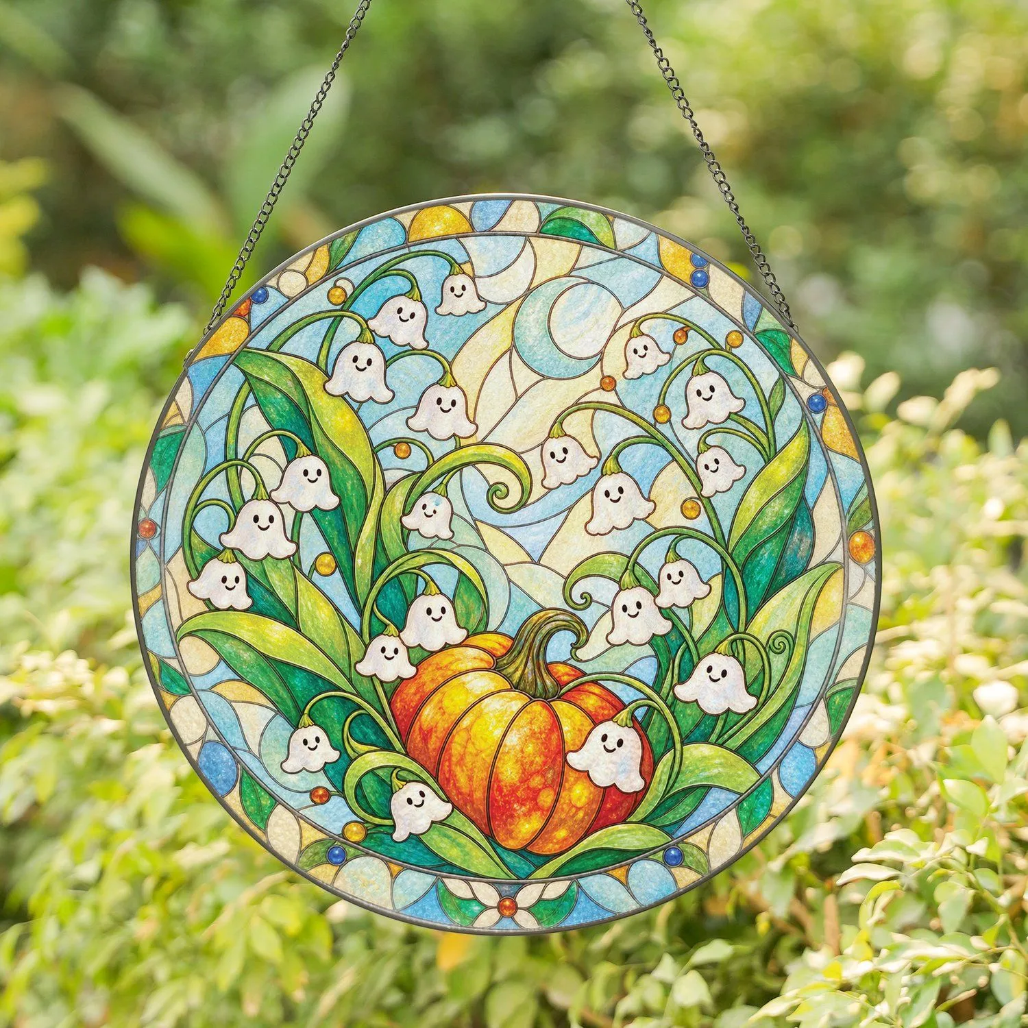 Ghost Lily Of The Valley Pumpkin Decor For Halloween Cottagecore Lovers And Garden Fans Stained Glass Suncatcher - 1