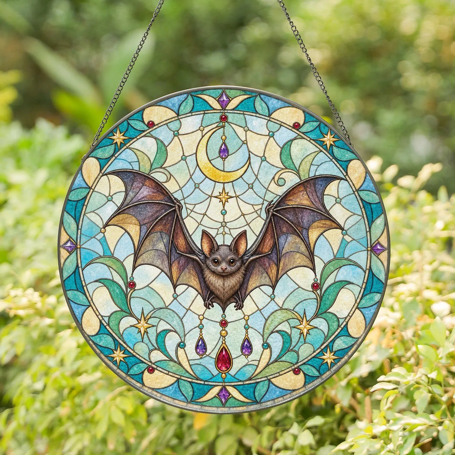 Bat Moon Halloween Decor for Witchy Gothic Homes, Autumn Parties, and Gift Giving Stained Glass Suncatcher - 1