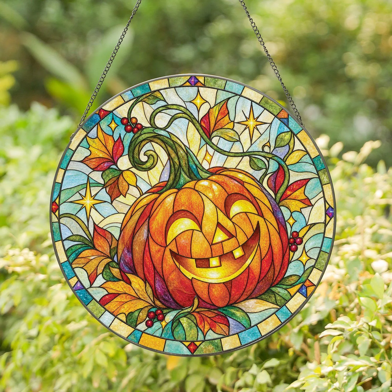Jack-o'-Lantern Halloween Decor for Autumn Cheer and Cozy Seasonal Celebrations Stained Glass Suncatcher - 1