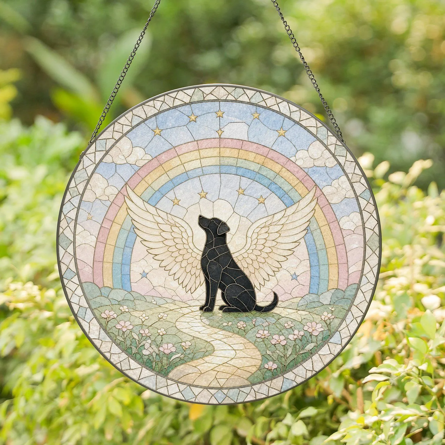 Heartfelt Winged Dog On Rainbow Bridge Memorial For Pet Loss And Remembrance Stained Glass Suncatcher - 1