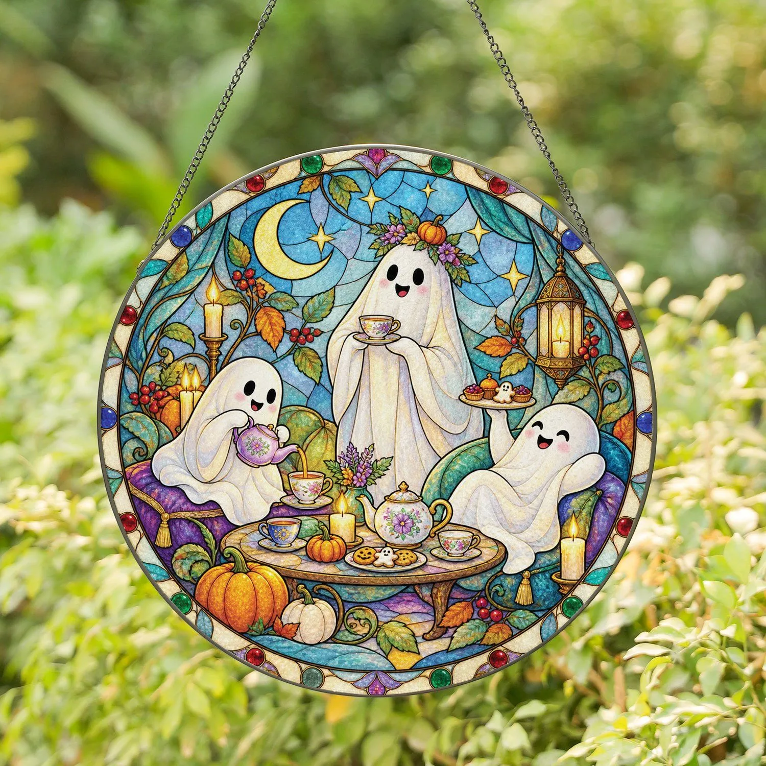 Ghost Tea Party with Pumpkins for Halloween Home Decor and Cozy Autumn Gatherings Stained Glass Suncatcher - 1