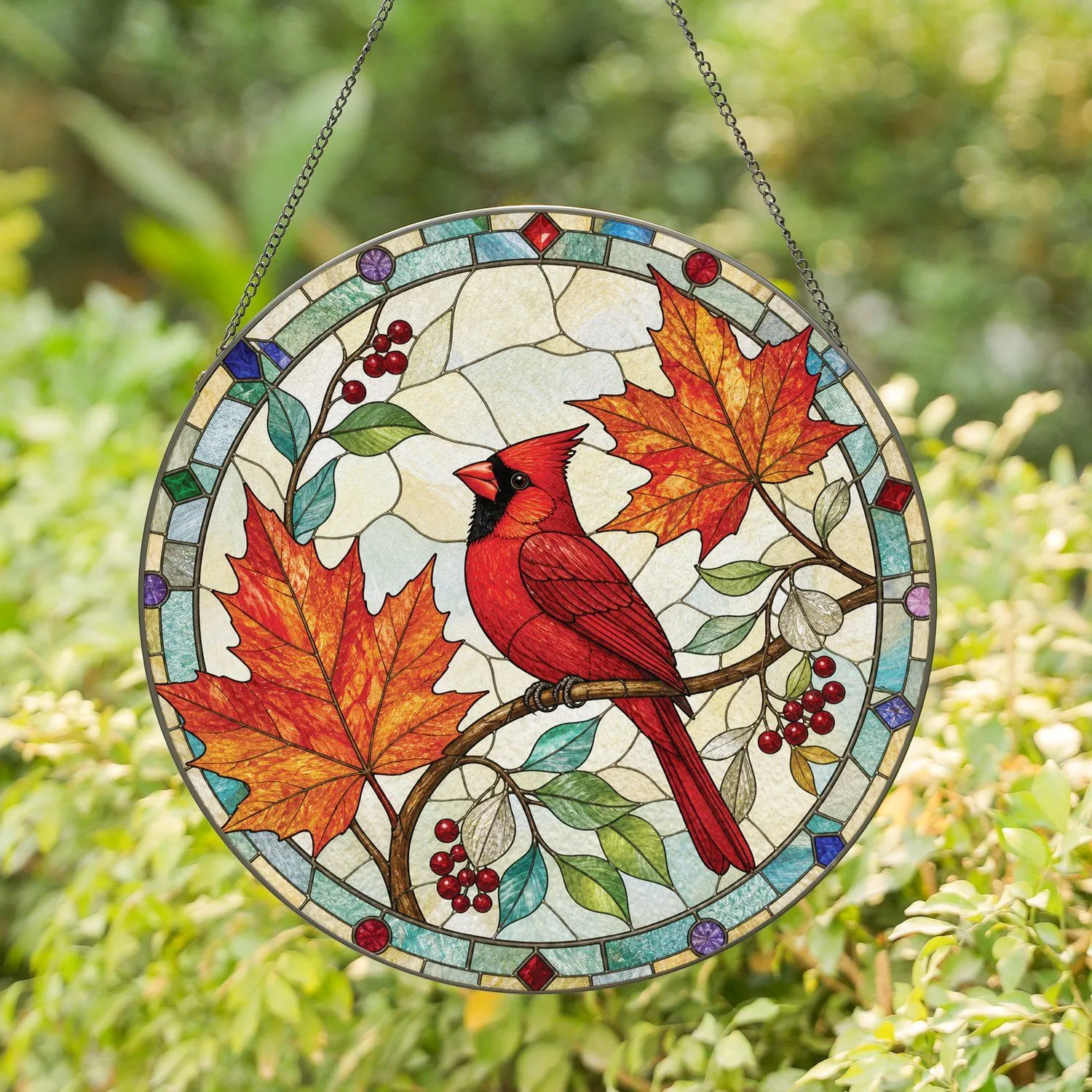 Red Cardinal Autumn Wreath with Maple Leaves for Cozy Seasonal Home Decor Gift Idea Stained Glass Suncatcher - 1