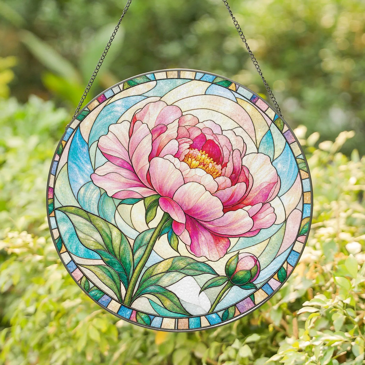 Pink Peony Bloom for Spring Home Decor and Mother's Day Gift for Mom and Garden Lovers Stained Glass Suncatcher - 1
