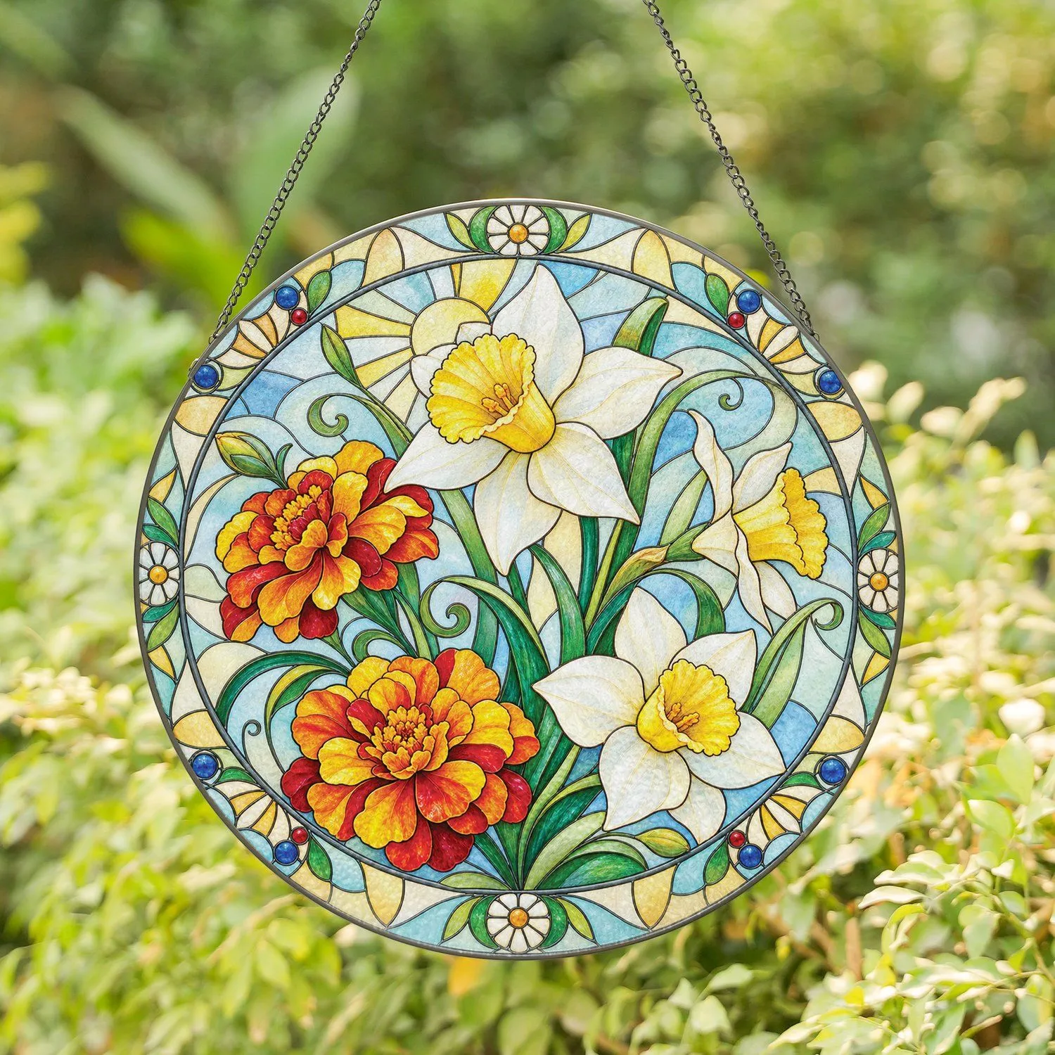 Daffodil and Marigold Blooms for Sunny Mother’s Day Garden Decor for Mom and Garden Lovers Stained Glass Suncatcher - 1