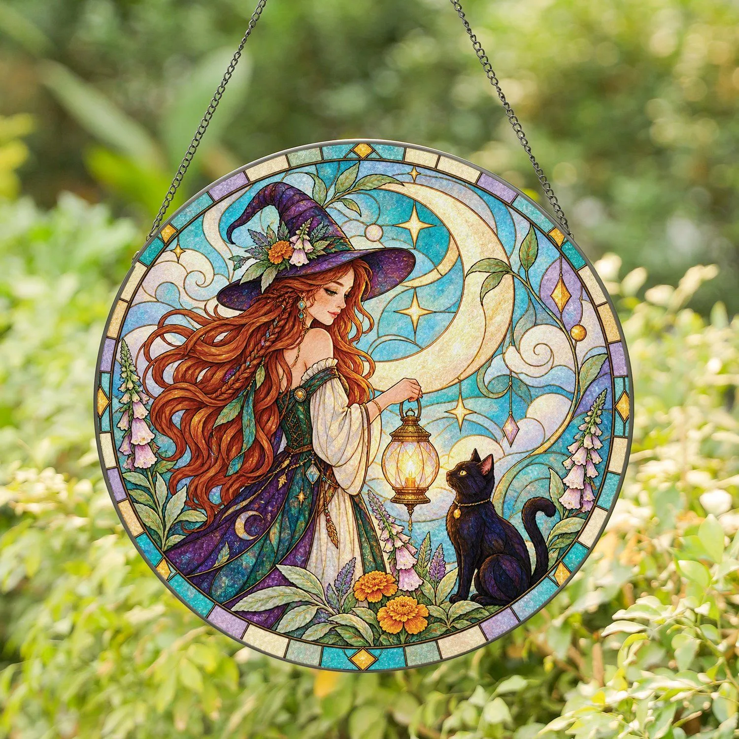 Witch And Black Cat Beneath A Crescent Moon For Halloween Home Decor And Gift Giving Stained Glass Suncatcher - 1