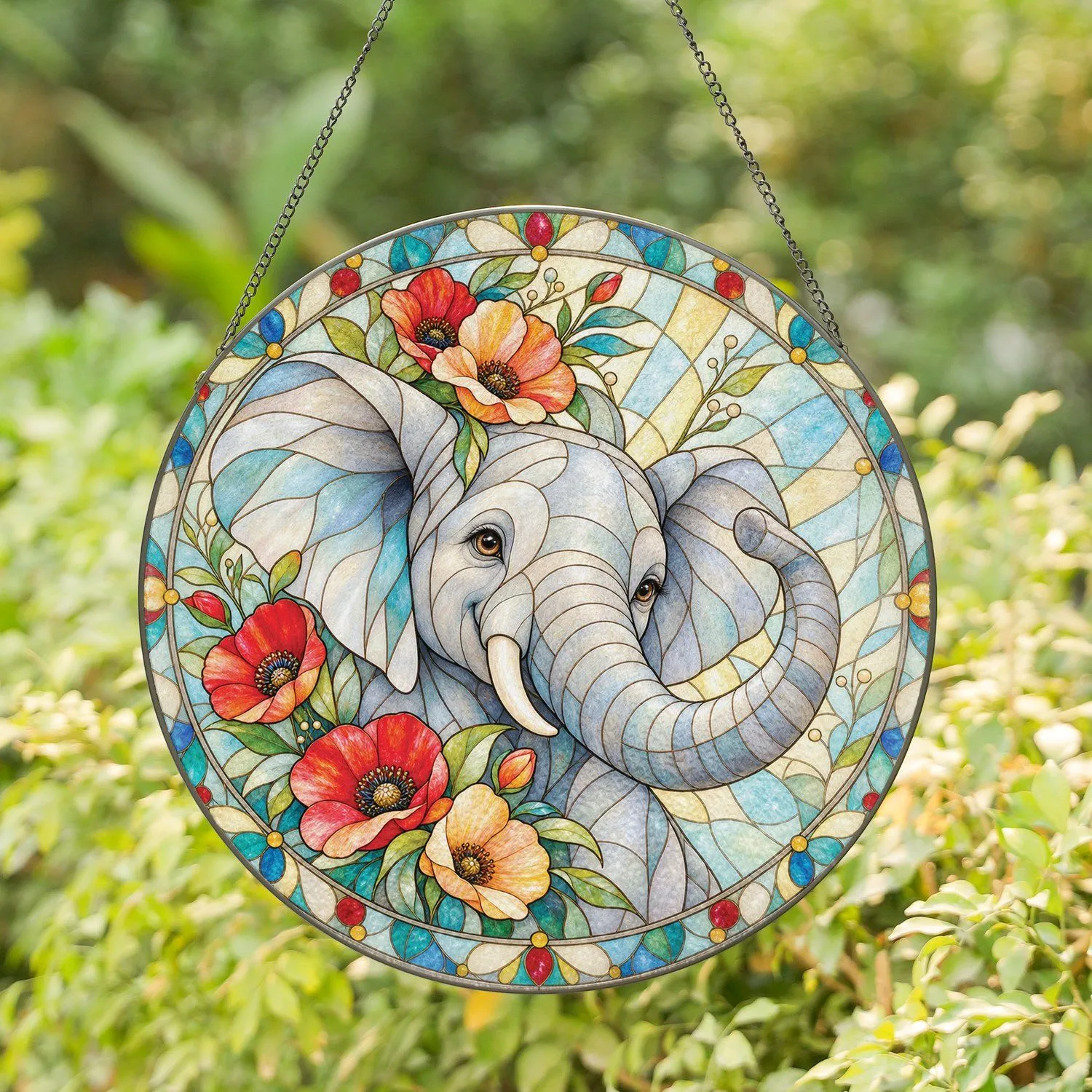 Elephant Floral Mother's Day Gift for Nature Lovers and Peaceful Bohemian Home Decor Stained Glass Suncatcher - 1