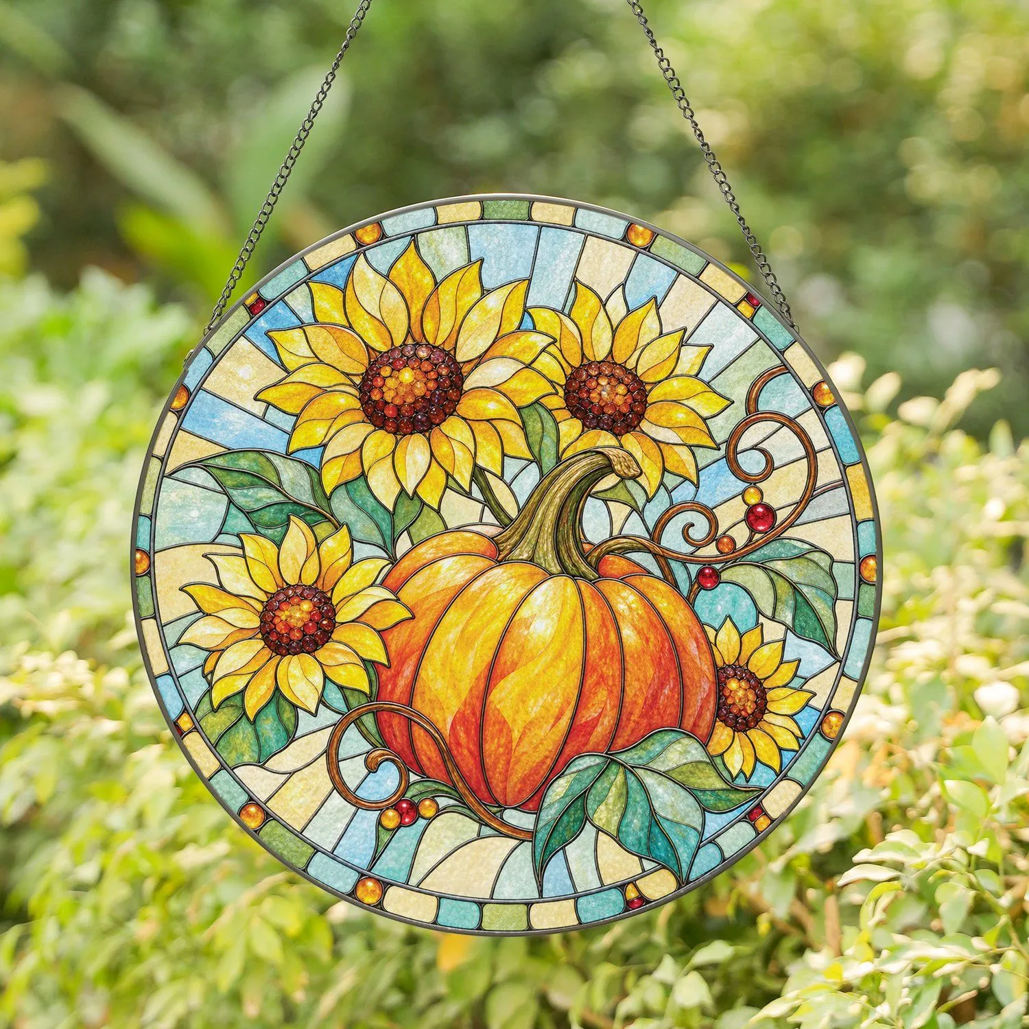 Pumpkin and Sunflower Harvest Gift for Grandma, Cozy Autumn Kitchen Seasonal Decor Stained Glass Suncatcher - 1
