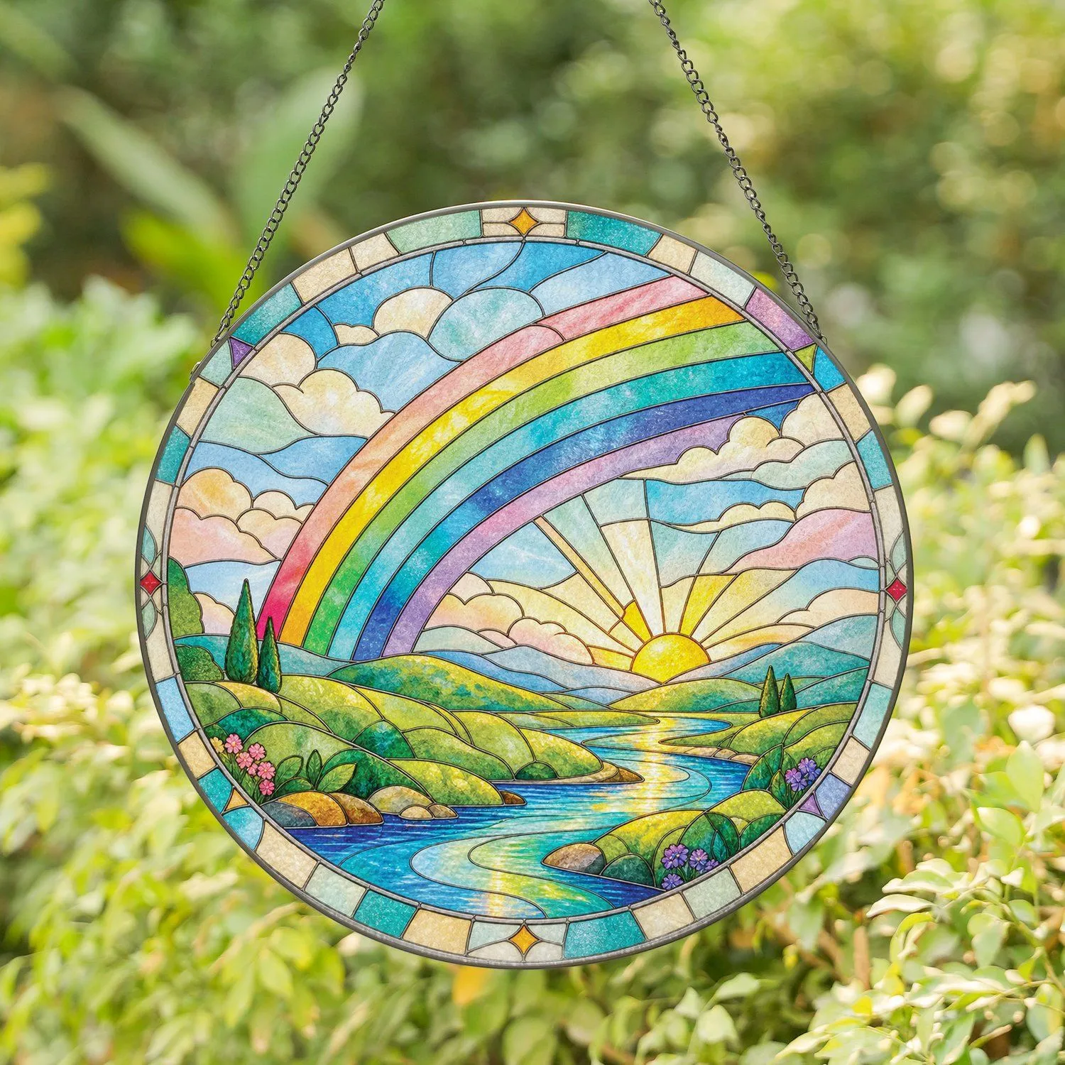 Rainbow Sunrise Over Flowing River Window Accent For Mom's Peaceful Living Space Stained Glass Suncatcher - 1