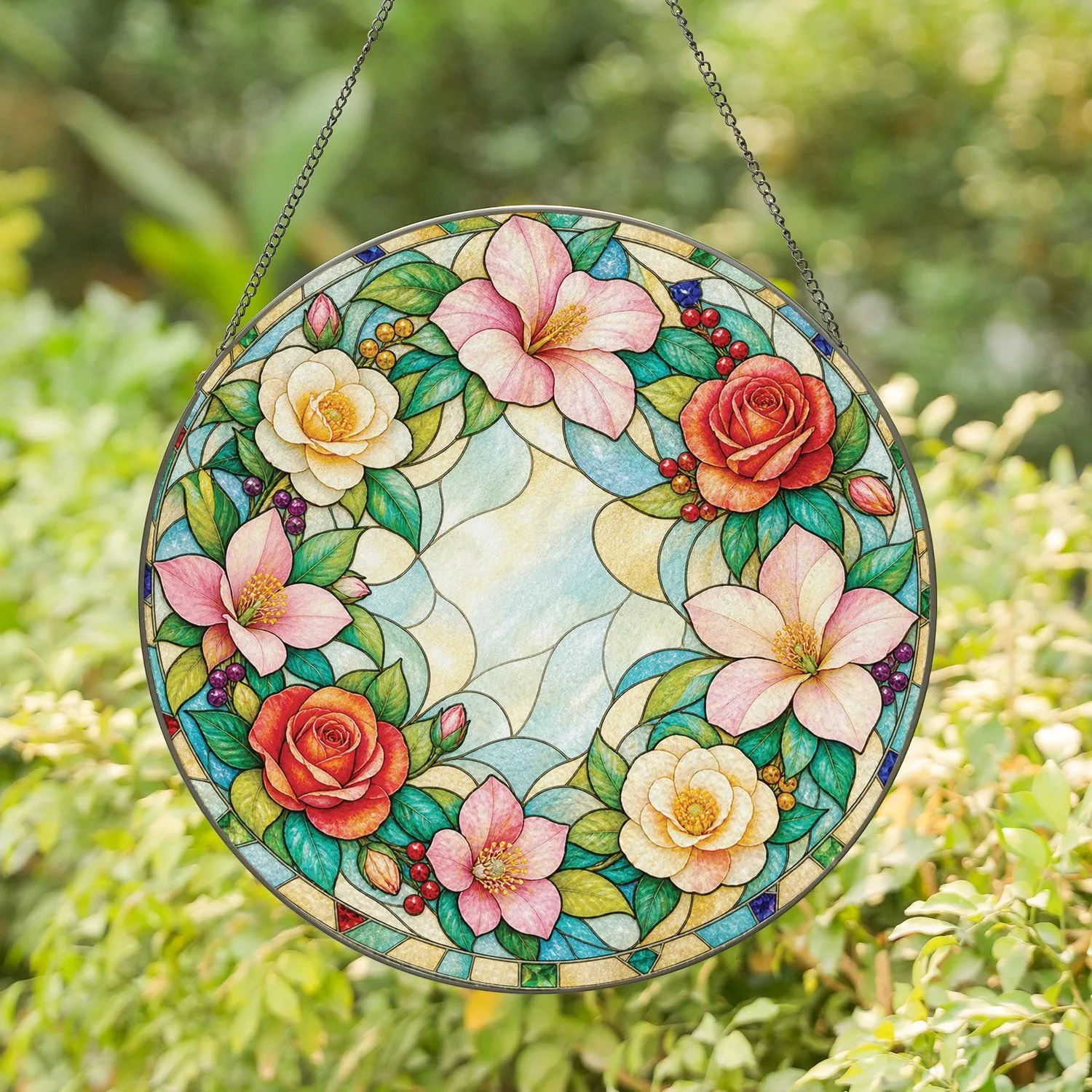 Floral Wreath for Housewarming Decor, Front Door Accent, Grandma’s Garden Gift for Mom Stained Glass Suncatcher - 1