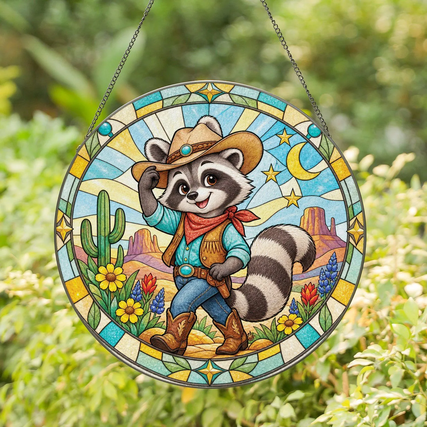 Cartoon Raccoon Cowboy Western Nursery Gift for Kids Room and Country Home Decor Stained Glass Suncatcher - 1