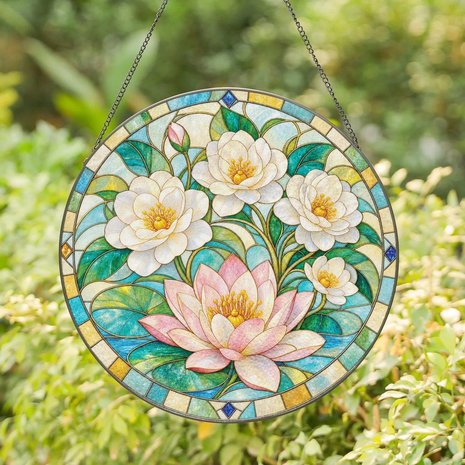 Leaded Glass Water Lily Flower Medallion, Romantic Patio Accent, Thoughtful Grandma Gift Stained Glass Suncatcher - 1