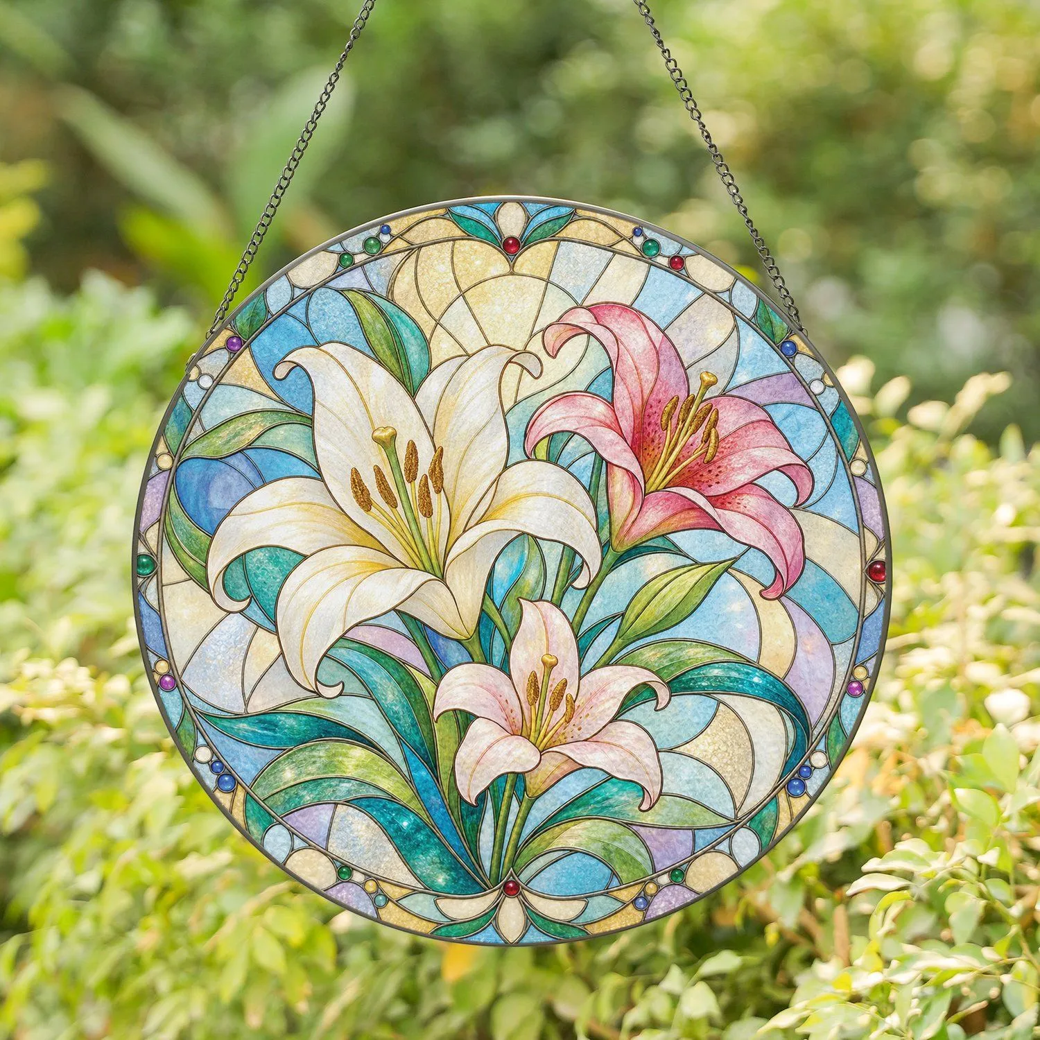 Pink and White Lilies for Mother's Day Garden Window Decor for Mom and Nature Lovers Stained Glass Suncatcher - 1
