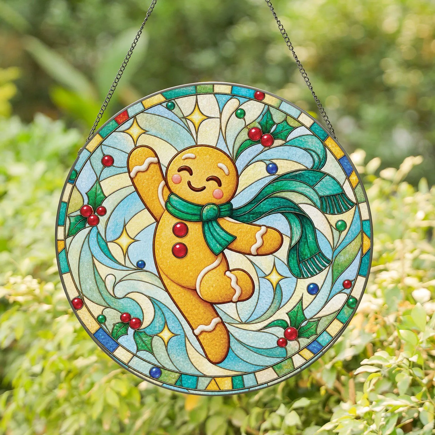Cheerful Gingerbread Scarf Character for Cozy Holiday Decor and Kids Room Gift Ideas Stained Glass Suncatcher - 1