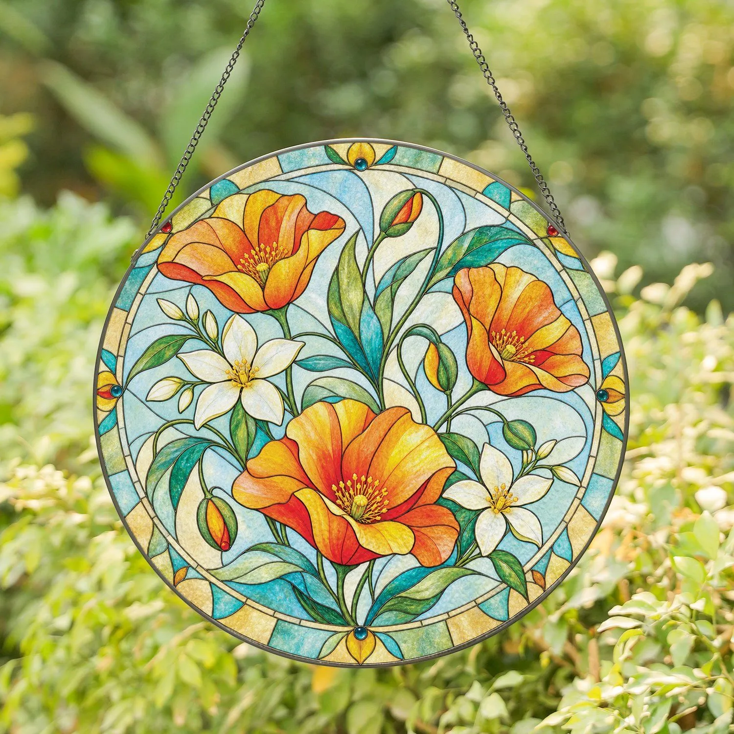 California Poppies and Jasmine Floral Decor for Garden Lovers, Teachers, Moms Gift Stained Glass Suncatcher - 1