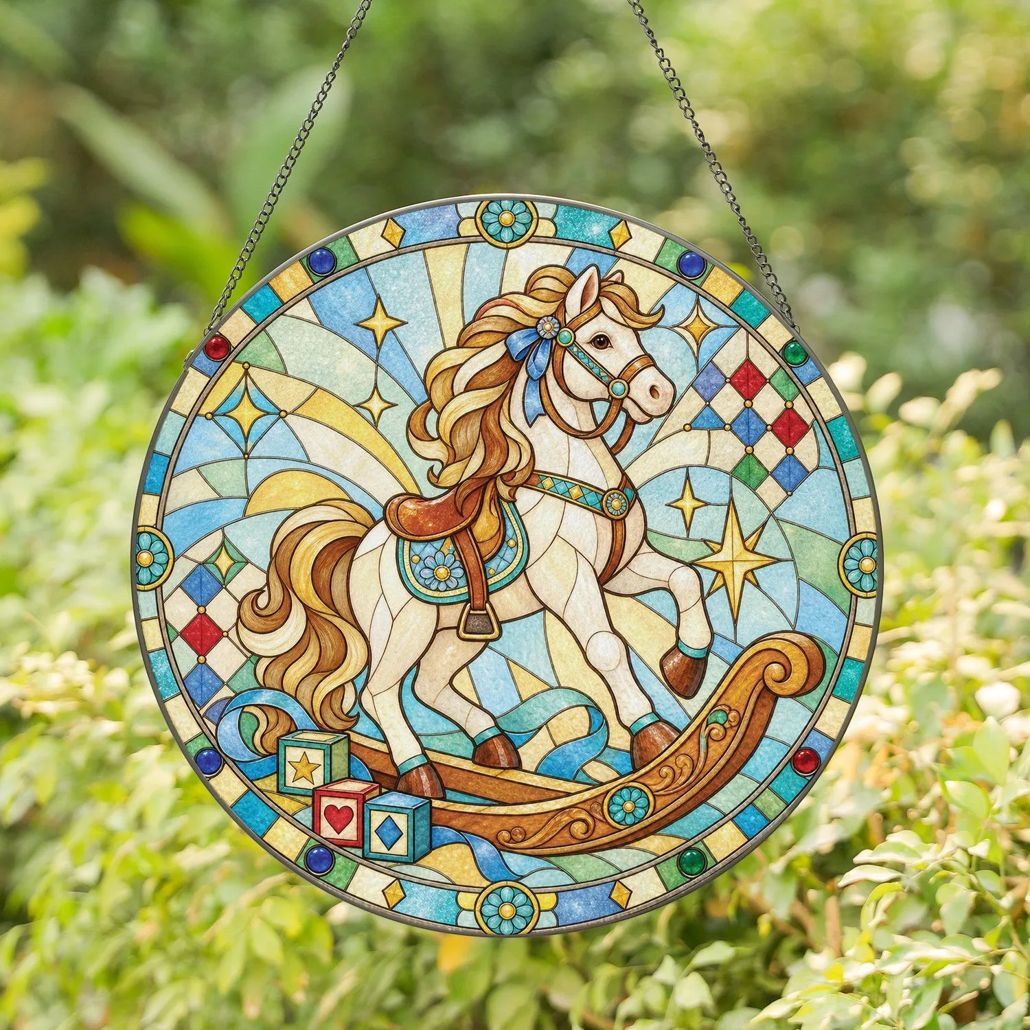 Rocking Horse Nursery Decor For Children's Rooms And Gentle Farmhouse Gift Giving Stained Glass Suncatcher - 1