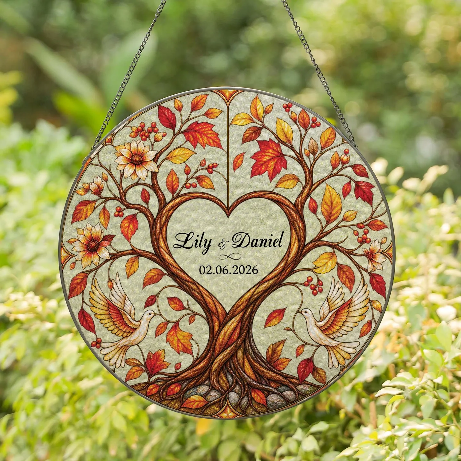 Personalized Wedding Suncatcher – Custom Name & Date Stained Glass Window Hanging, Tree of Life Couple Gift - 1