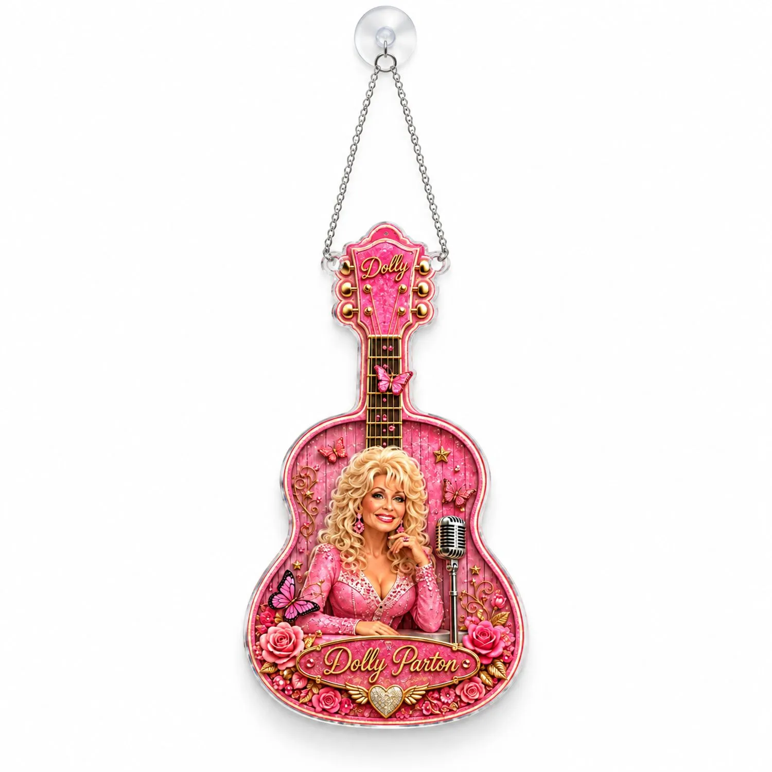 Dolly Parton Pink Guitar Keepsake for Country Music Fans and Western Style Gifts Custom Shape Window Hanging Acrylic Ornament - 1