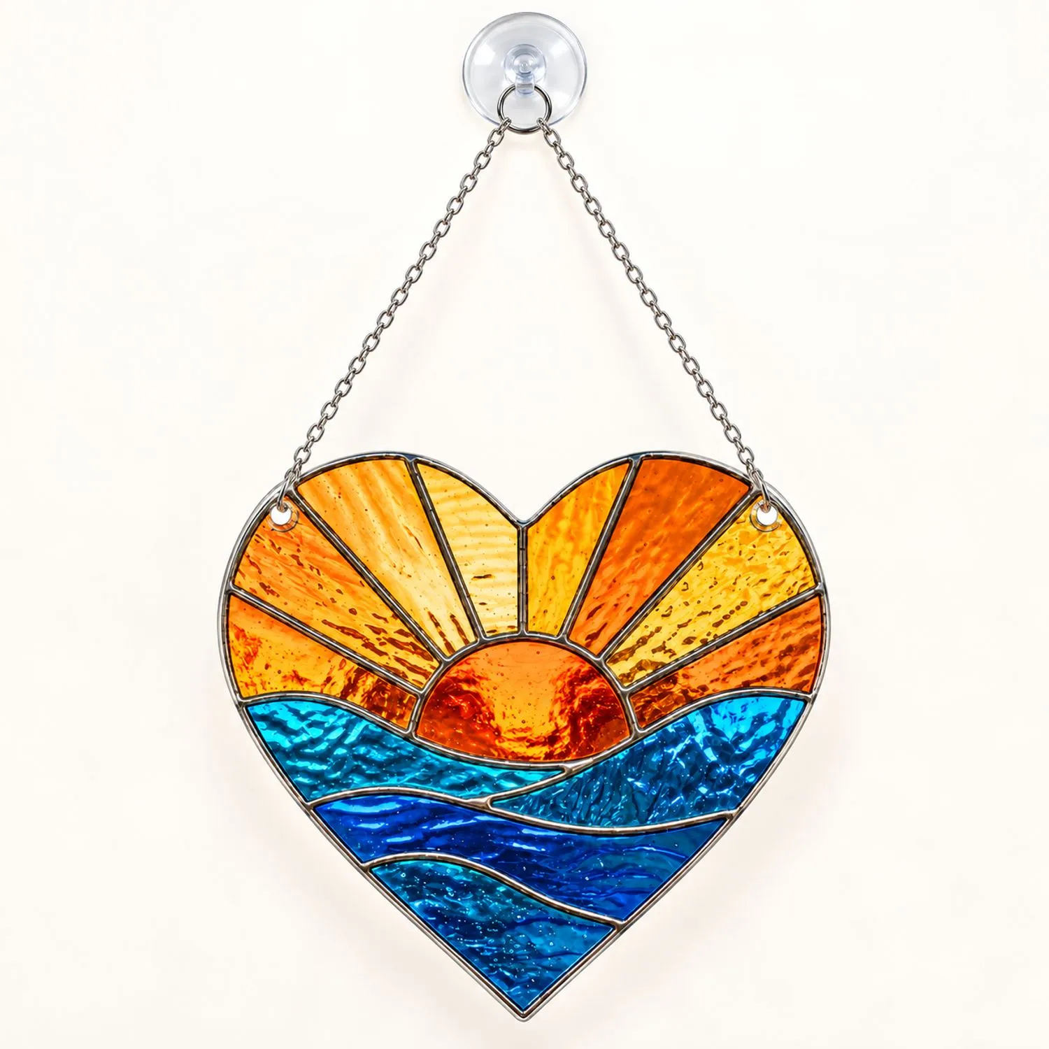 Stained Glass Heart Sunset Ocean Waves Coastal Home Accent For Housewarming Gifts Custom Shape Window Hanging Acrylic Ornament - 1