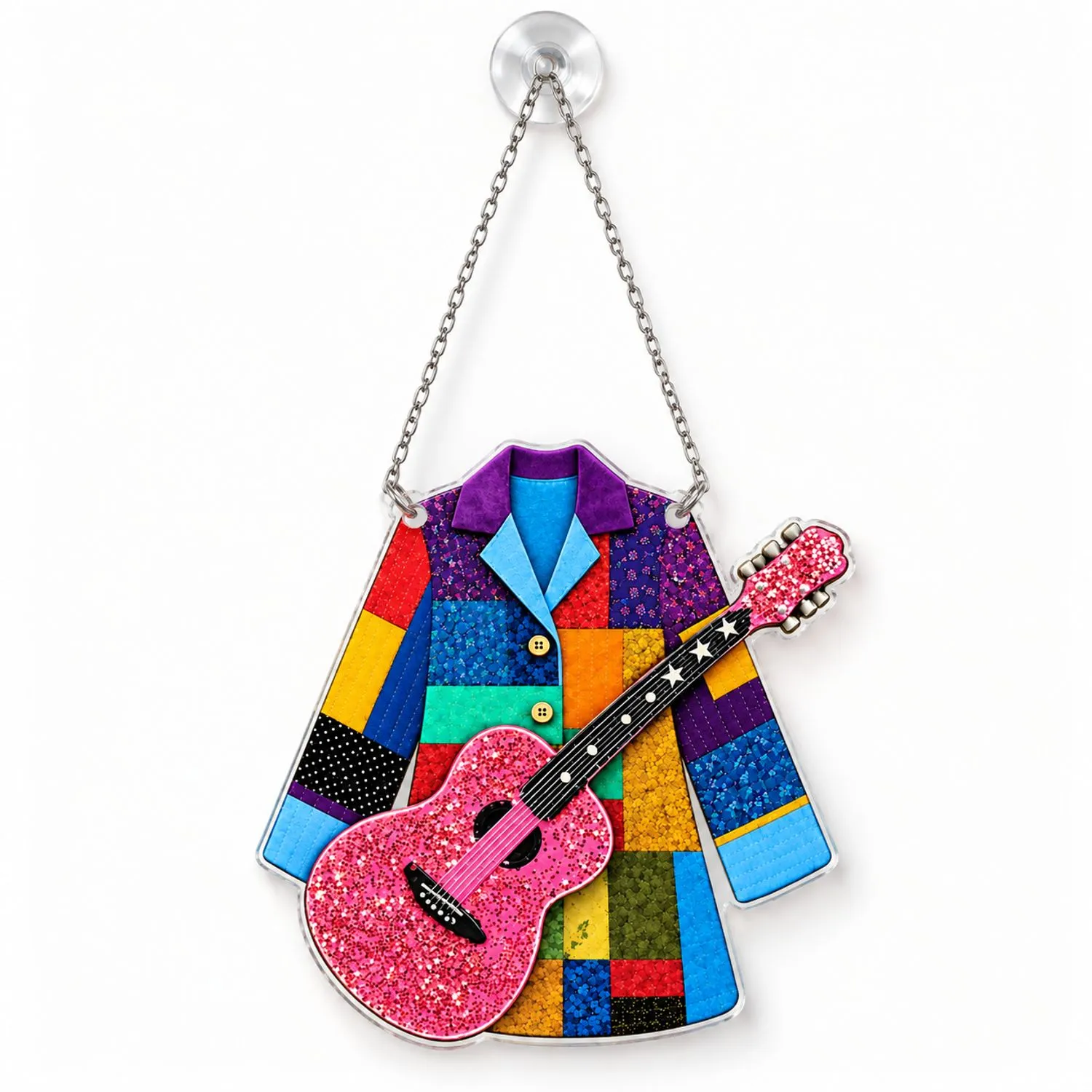 Colorful Patchwork Coat With Pink Guitar Christmas Keepsake For Music Lovers And Collectors Custom Shape Window Hanging Acrylic Ornament - 1