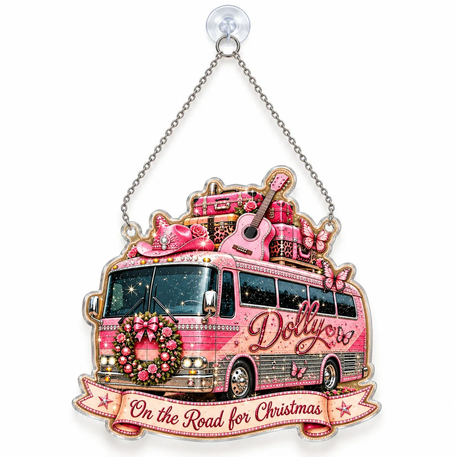 Pink Tour Bus Christmas Keepsake for Music Lovers, Nashville Holiday Tree Decor Gift Custom Shape Window Hanging Acrylic Ornament - 1