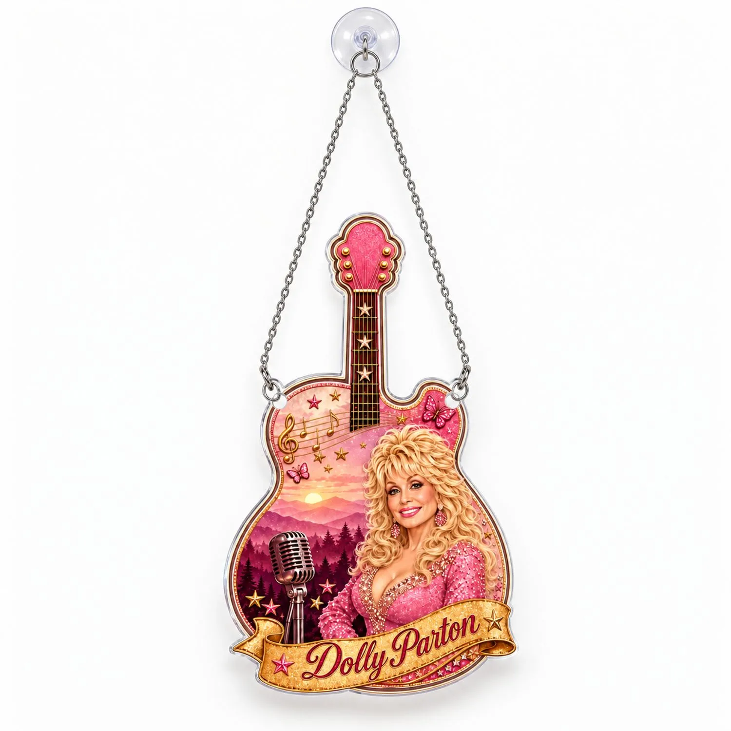 Dolly Parton Pink Guitar Portrait Keepsake for Country Music Fans and Christmas Trees Custom Shape Window Hanging Acrylic Ornament - 1