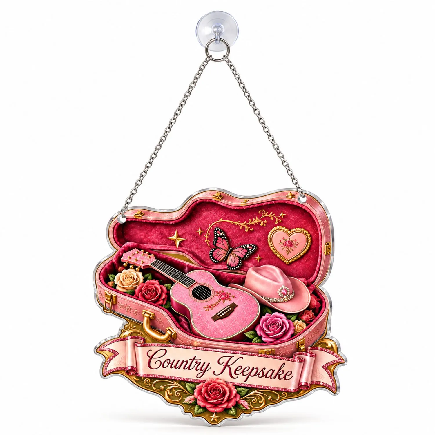 Pink Guitar Case Keepsake for Country Music Fans and Holiday Tree Decorating Gifts Custom Shape Window Hanging Acrylic Ornament - 1