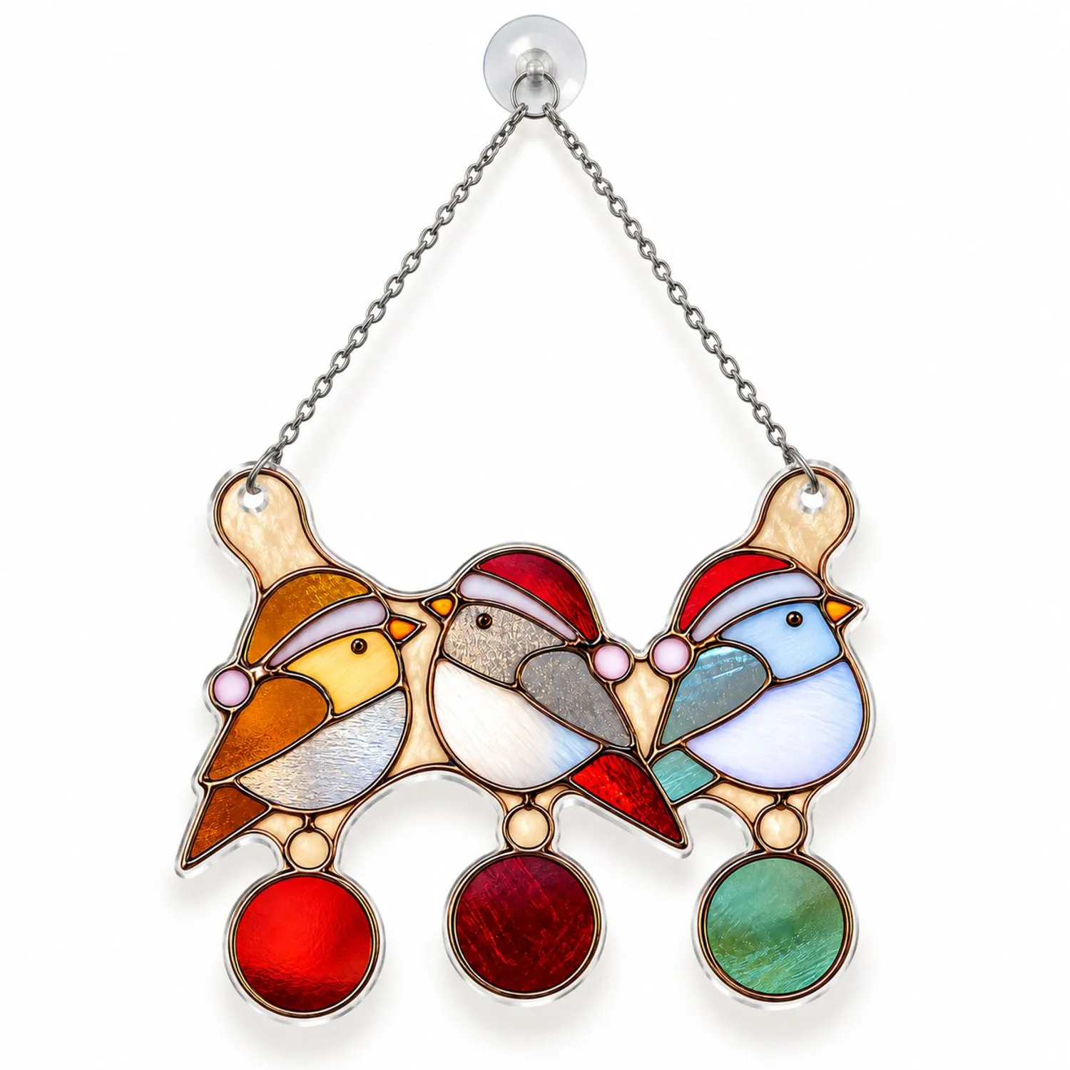 Bird Stained Glass Santa Hat Trio for Christmas Tree Holiday Window Holiday Decor Custom Shape Window Hanging Acrylic Ornament - 1
